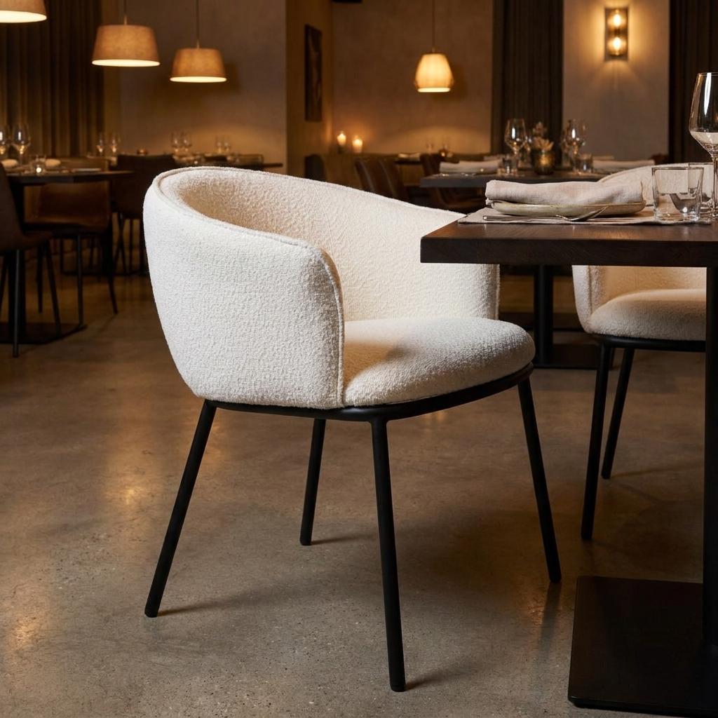 Ivory And Black Faux Shearling And Wood And Steel Dining Arm Chair