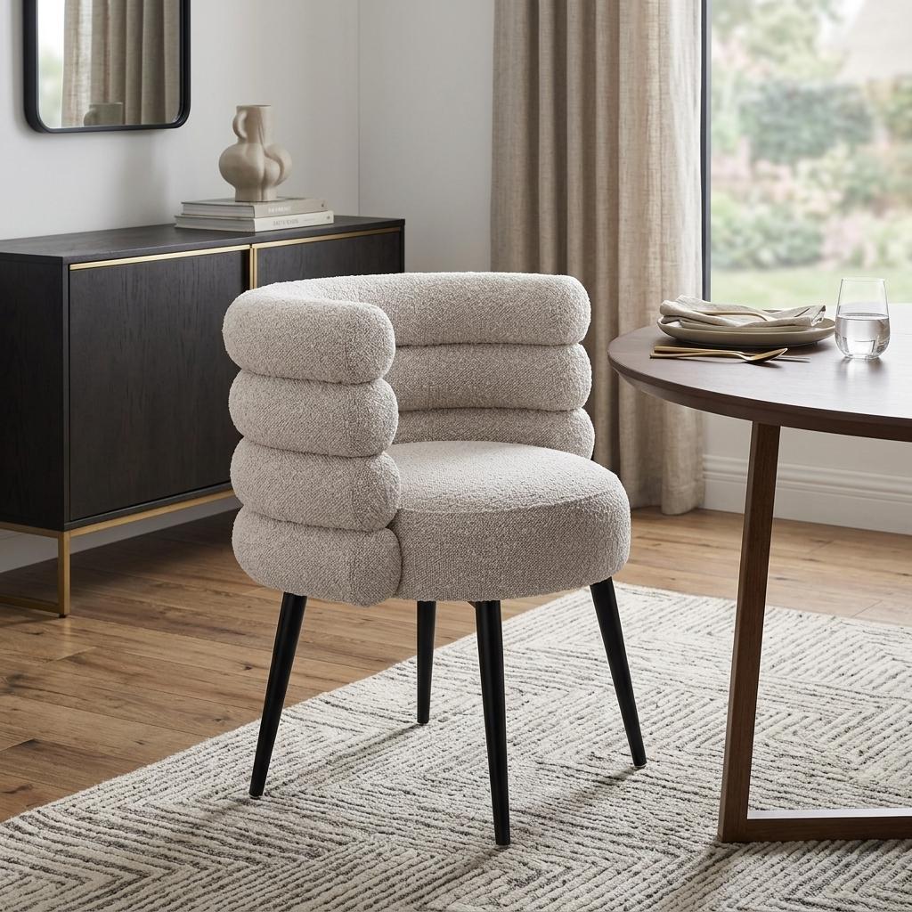 Gray And Black Faux Shearling And Wood And Steel Dining Arm Chair