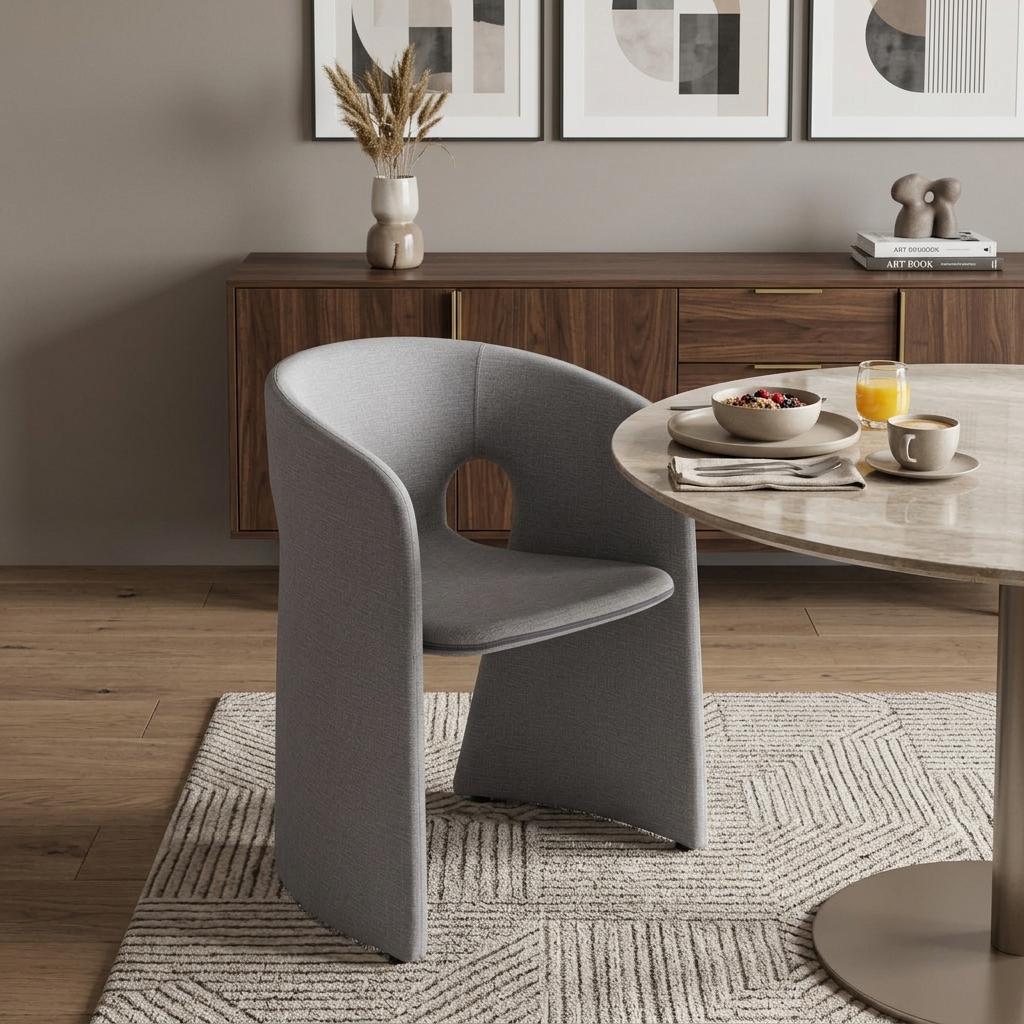 Slate Gray Fabric And Steel Partially Open Back Dining Arm Chair