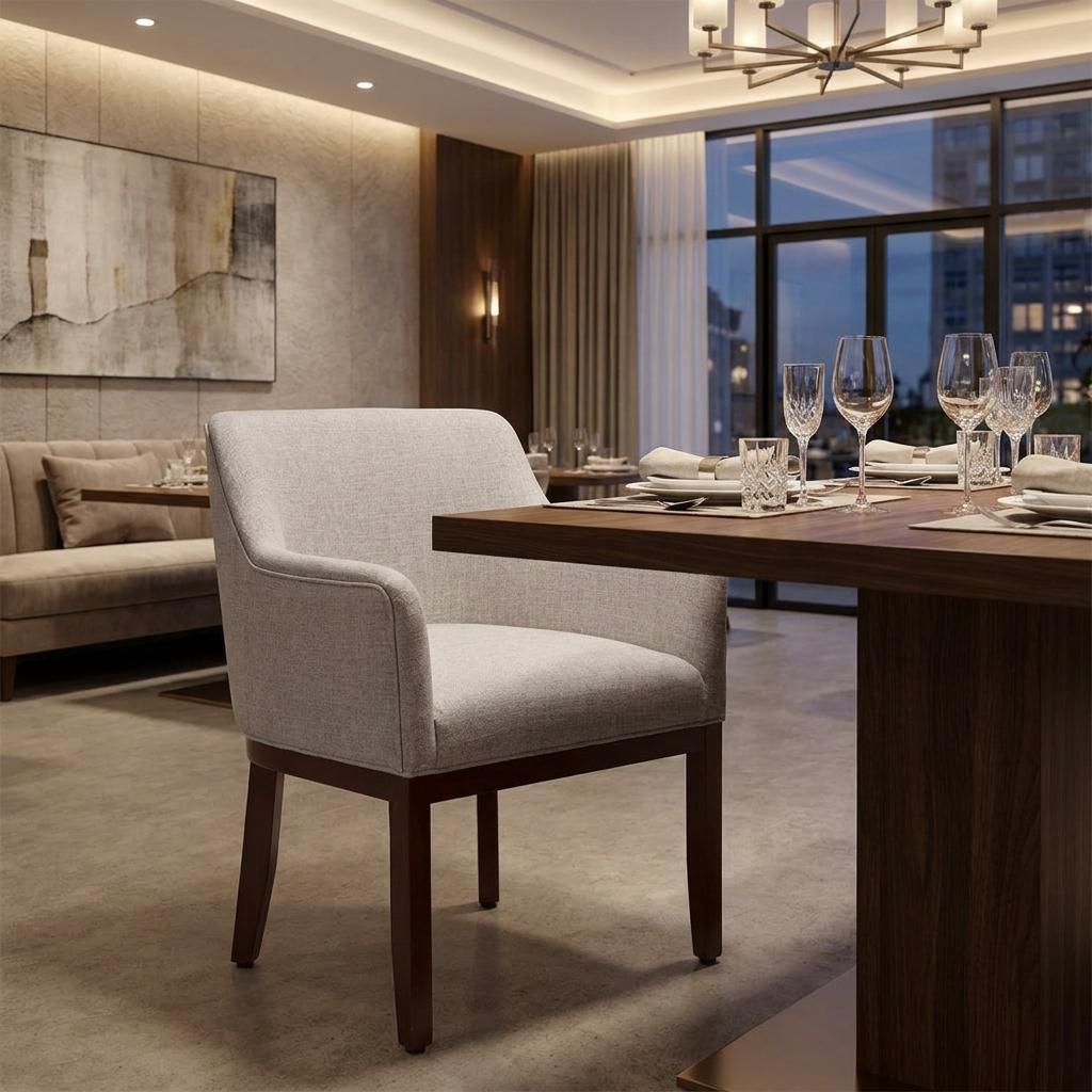 Gray And Brown Upholstery And Wood Dining Arm Chair