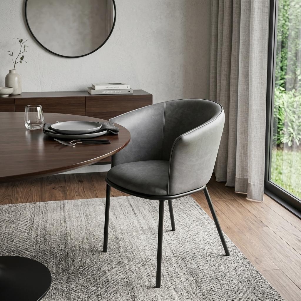 Gray And Black Faux Leather And Steel Dining Arm Chair