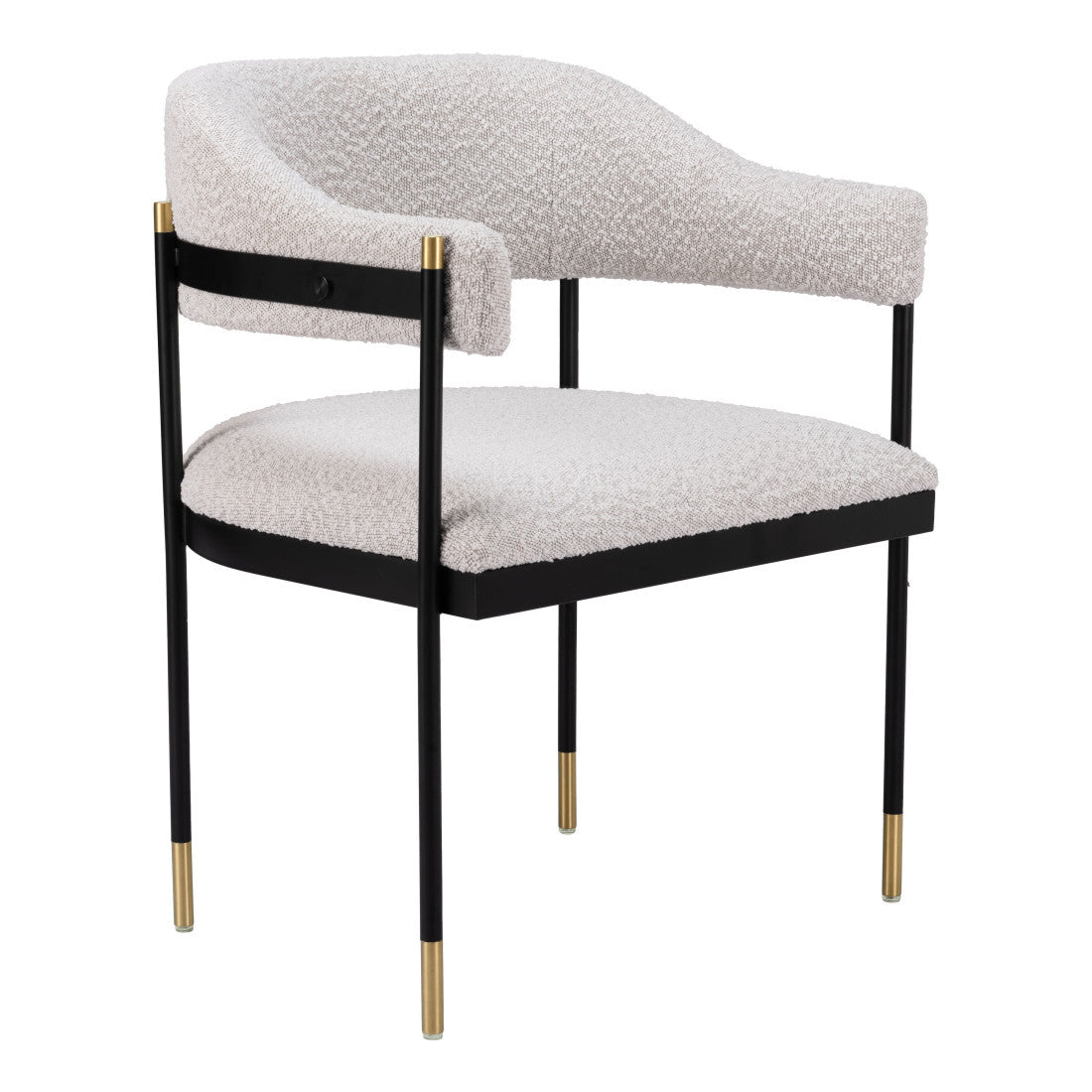 Gray Black And Gold Faux Shearling And Wood And Steel Partially Open Back Dining Arm Chair
