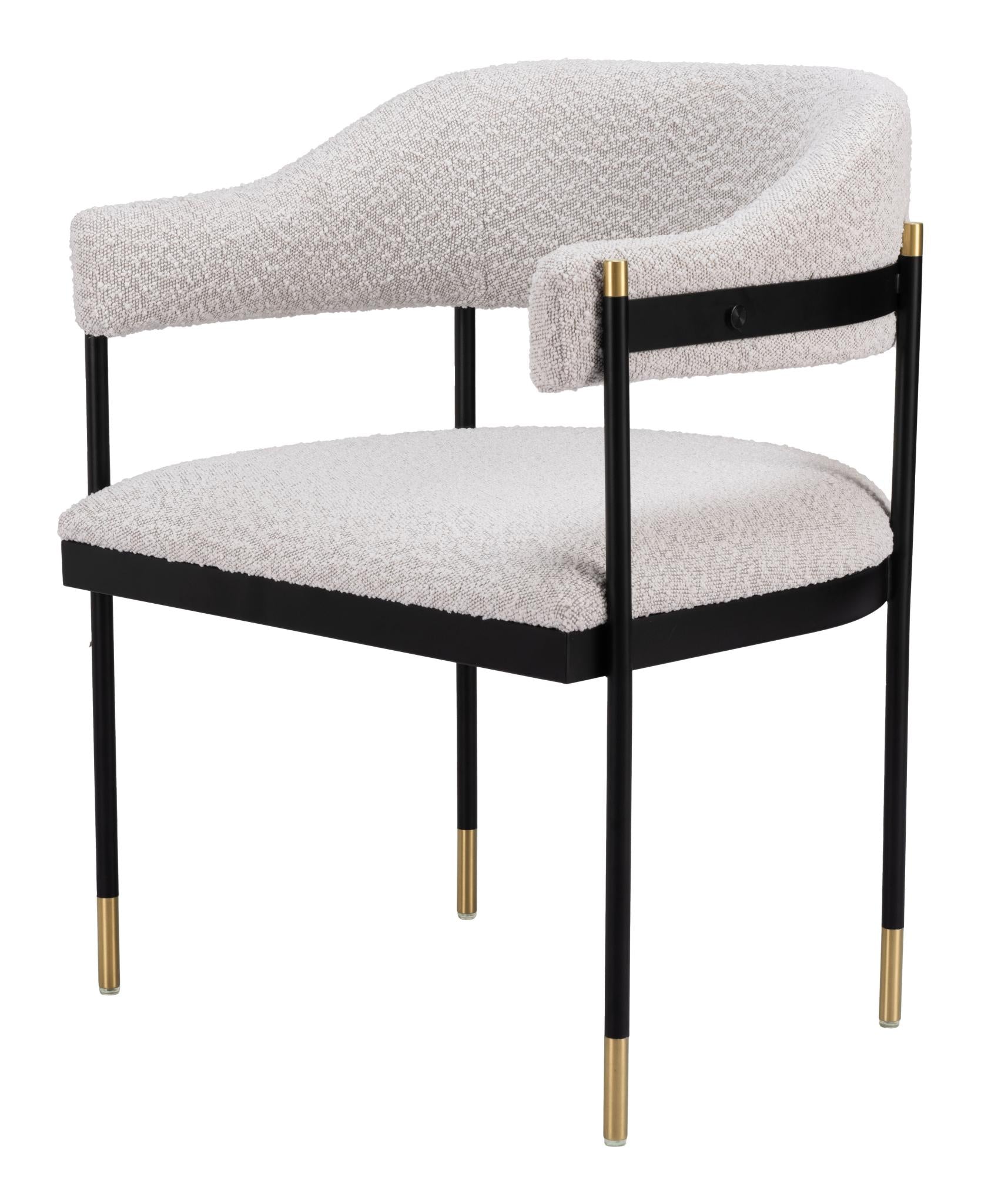 Gray Black And Gold Faux Shearling And Wood And Steel Partially Open Back Dining Arm Chair