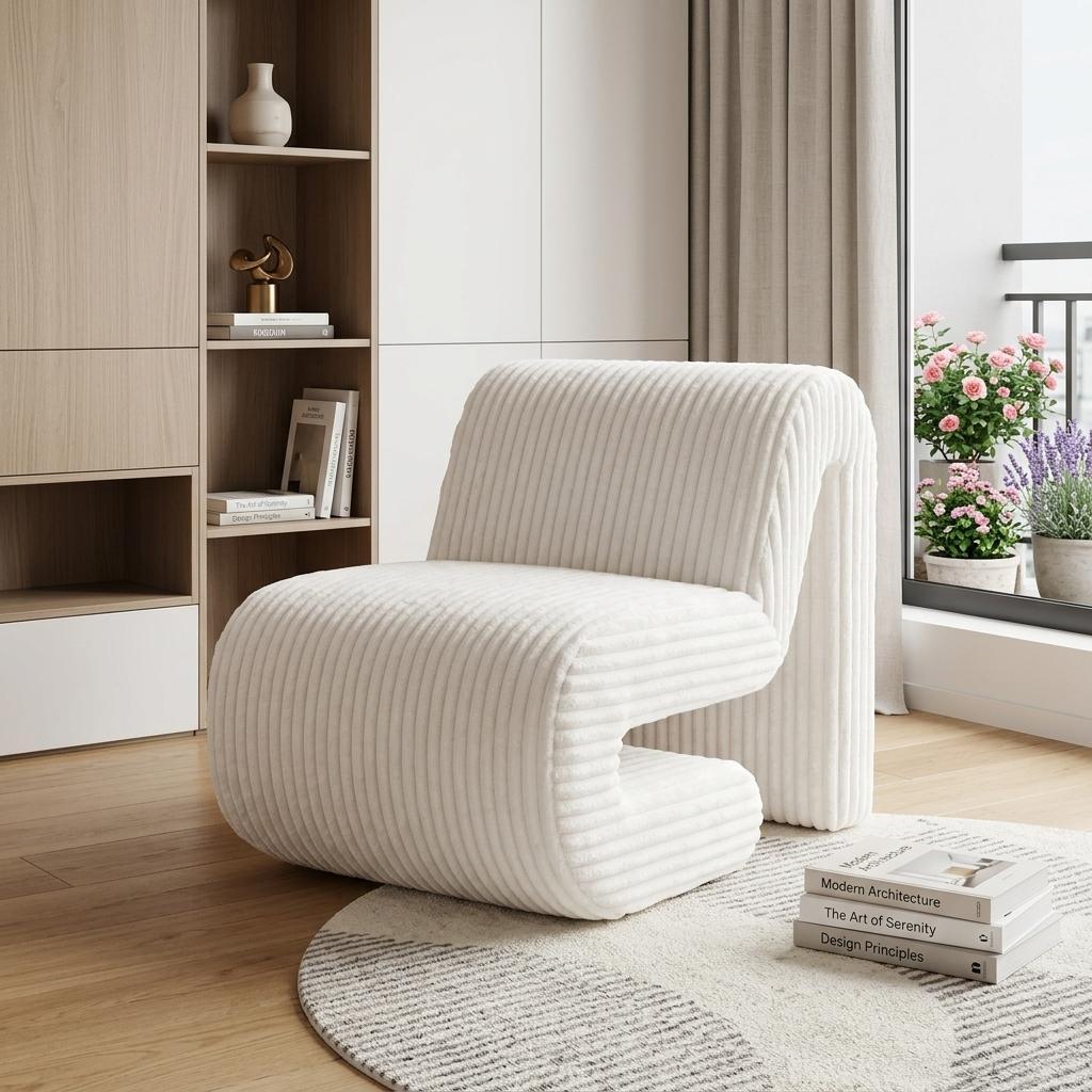 26" White Corduroy And Upholstered Lounge Chair