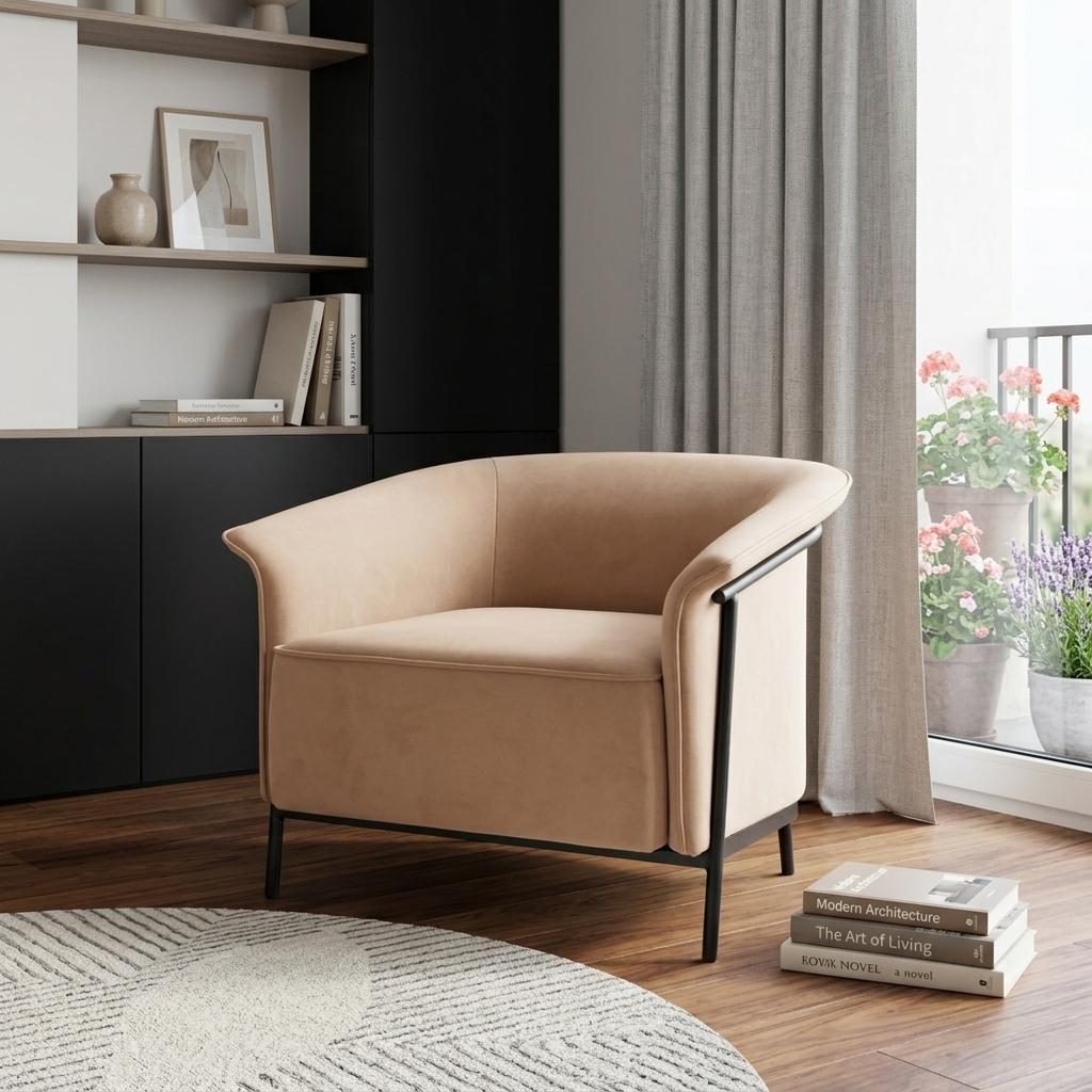 35" Tan And Black Upholstered Arm Chair
