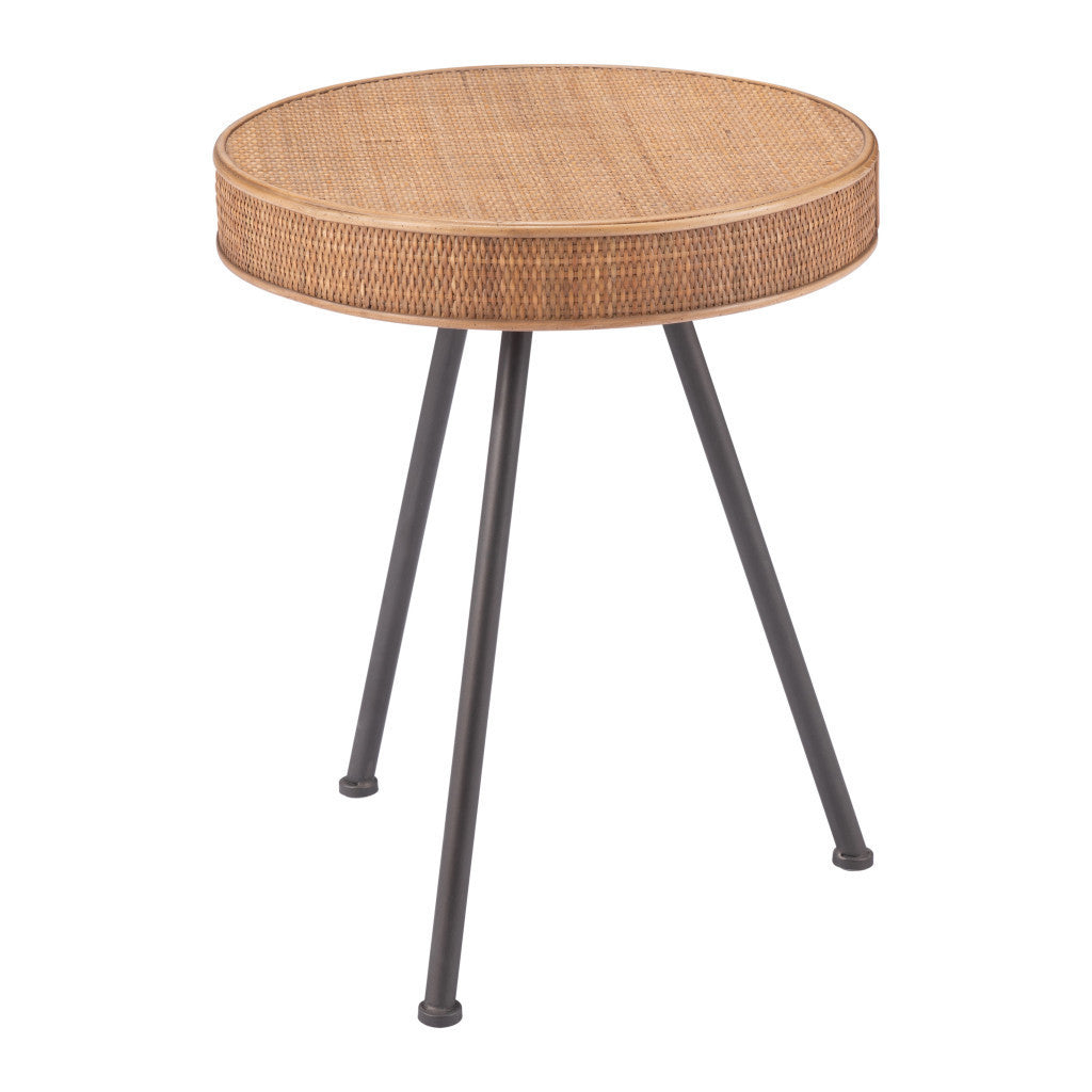 23" Natural and Gray Rattan and Steel Round End Table