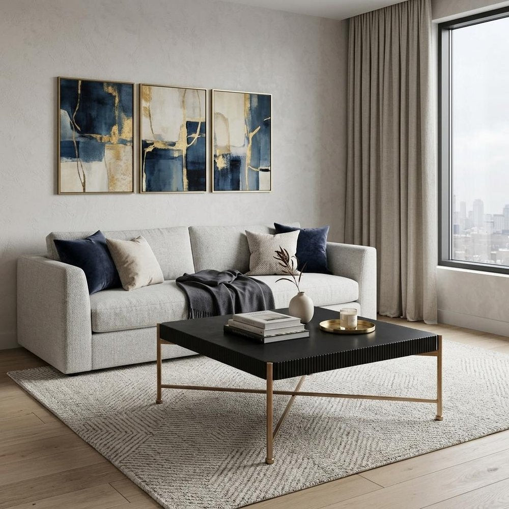 42" Black and Gold Solid Wood and Steel Square Coffee Table