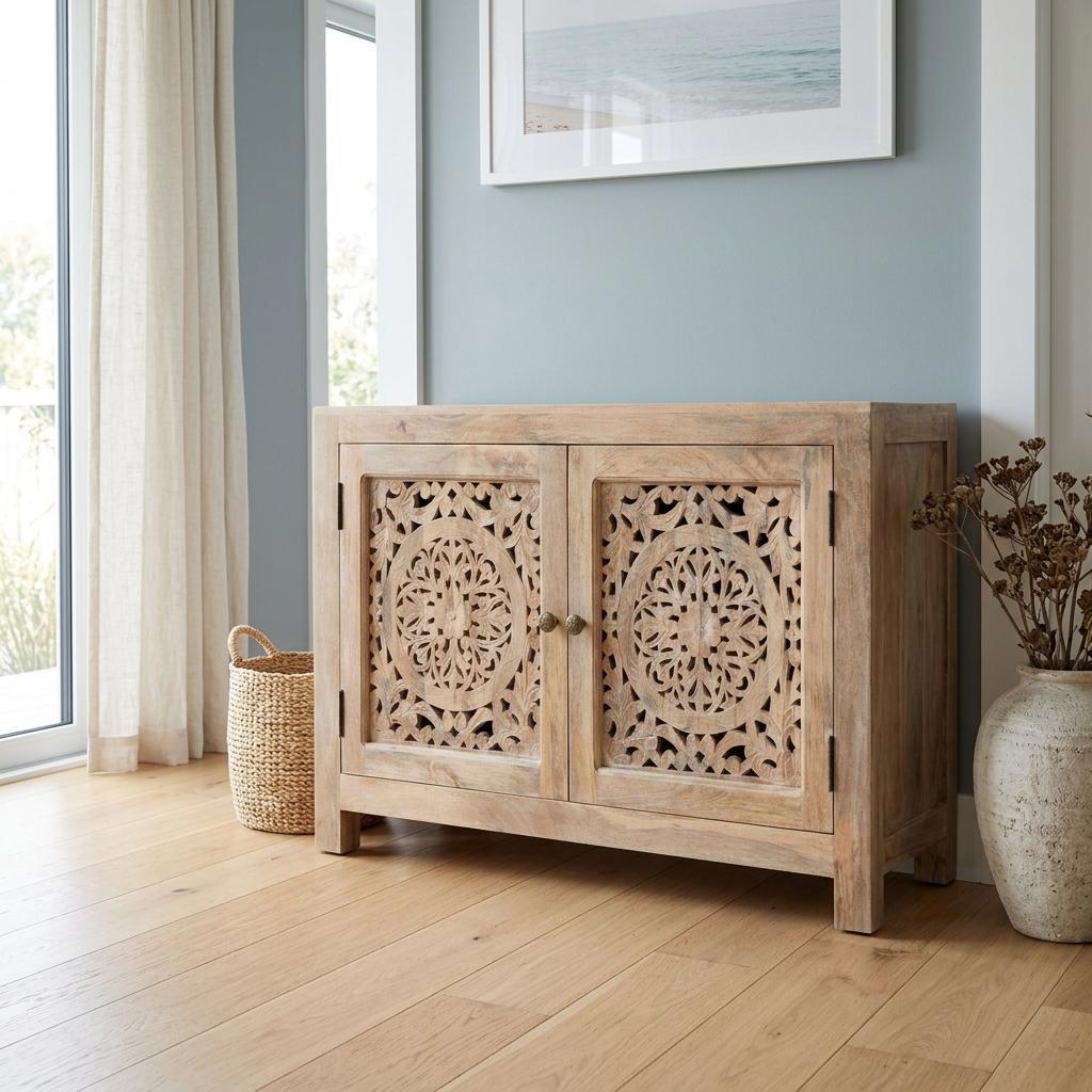 30" Natural Solid Wood Textured Door Accent Cabinet With Two Doors
