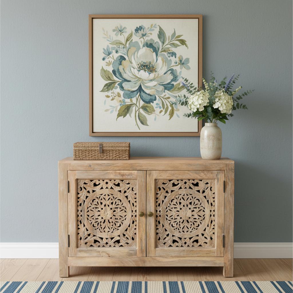 30" Natural Solid Wood Textured Door Accent Cabinet With Two Doors