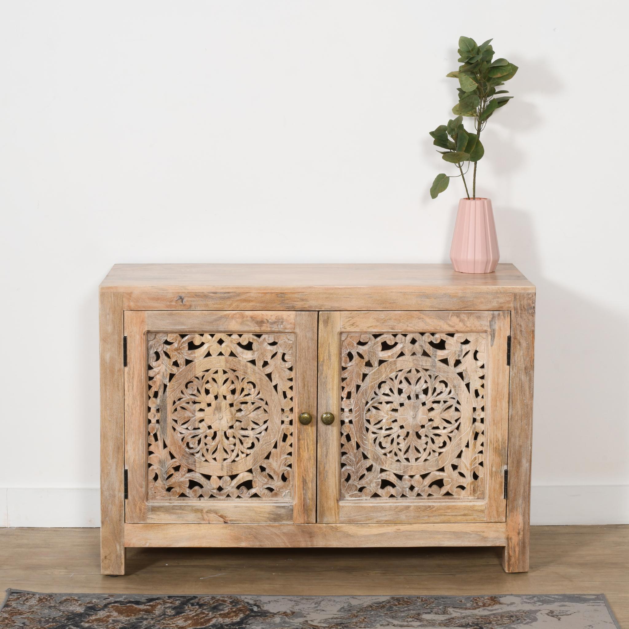 30" Natural Solid Wood Textured Door Accent Cabinet With Two Doors