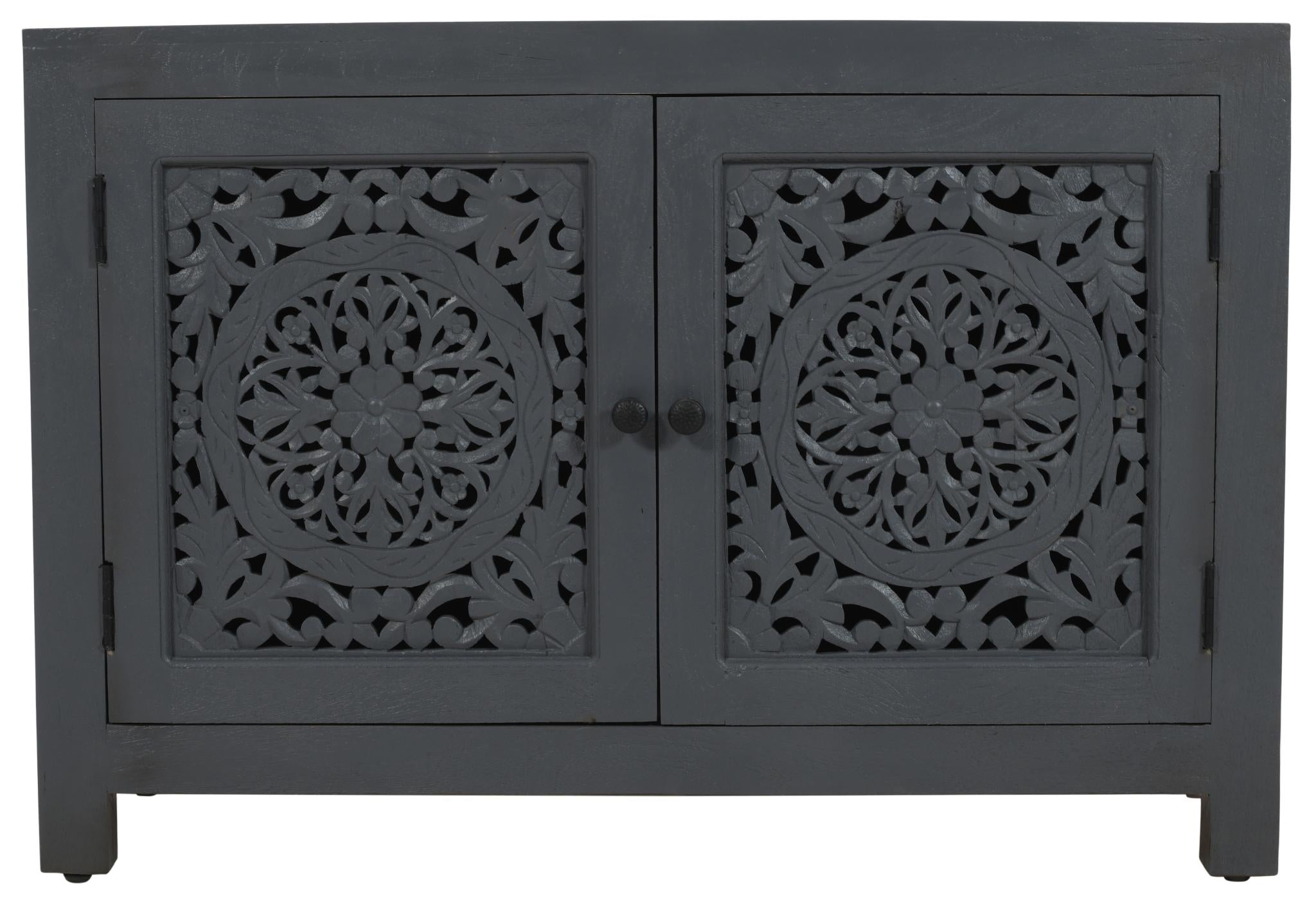30" Gray Distressed Solid Wood Textured Door Accent Cabinet With Two Doors