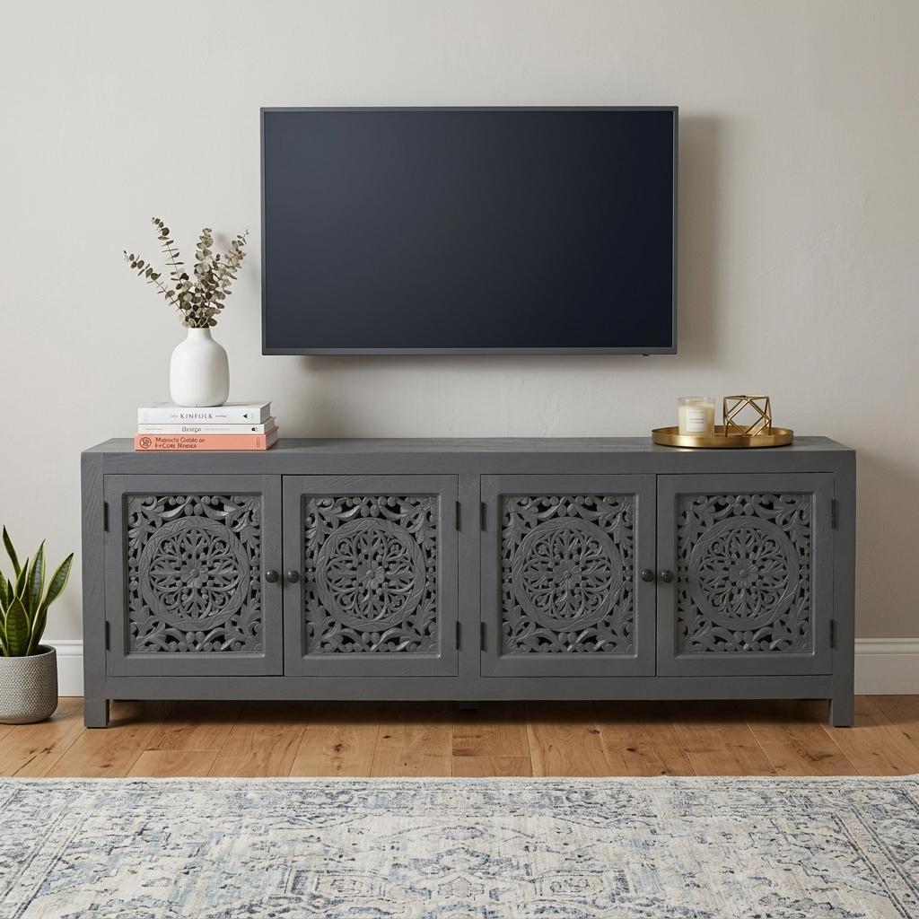 86" Dark Gray Carved Floral Distressed Solid Wood Enclosed Storage TV Stand