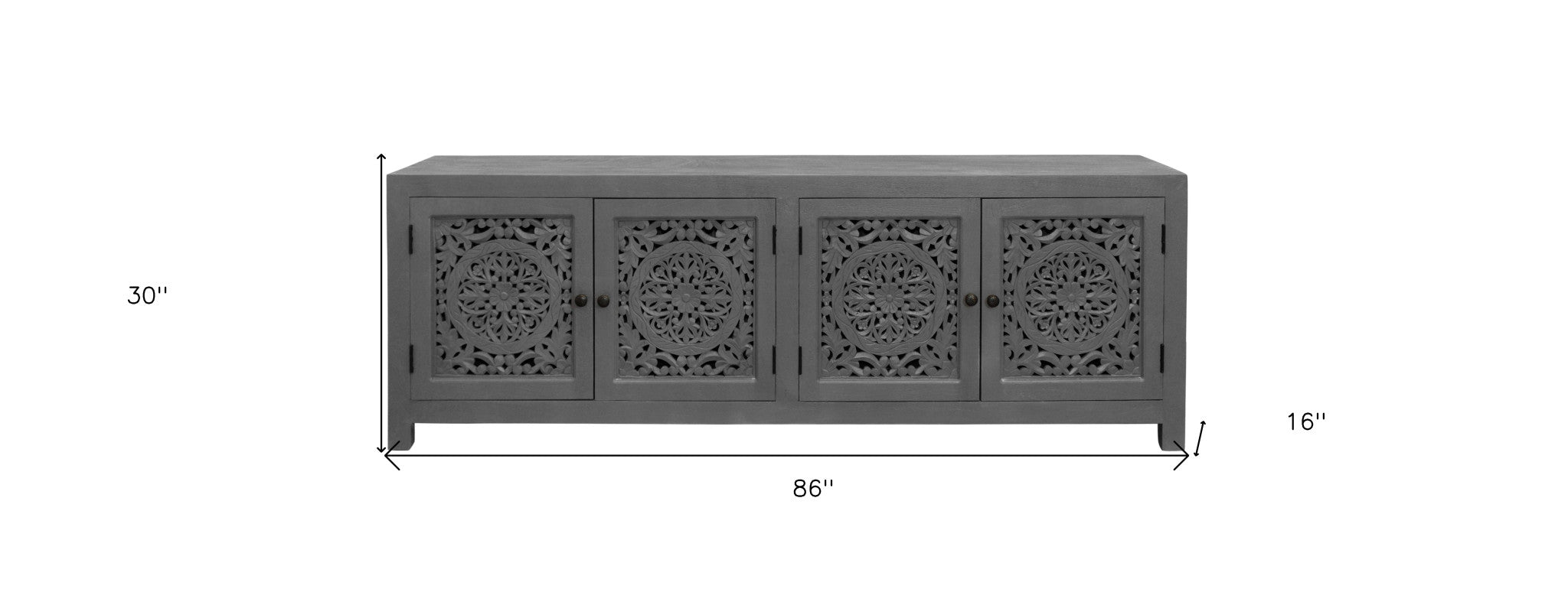 86" Dark Gray Carved Floral Distressed Solid Wood Enclosed Storage TV Stand