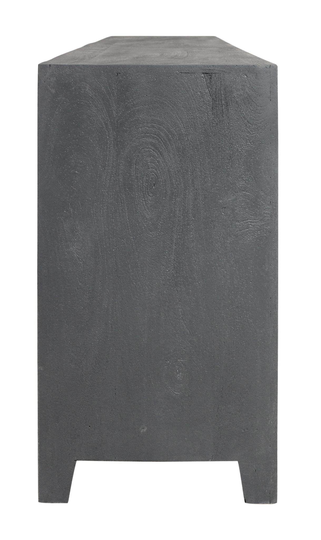 86" Dark Gray Carved Floral Distressed Solid Wood Enclosed Storage TV Stand