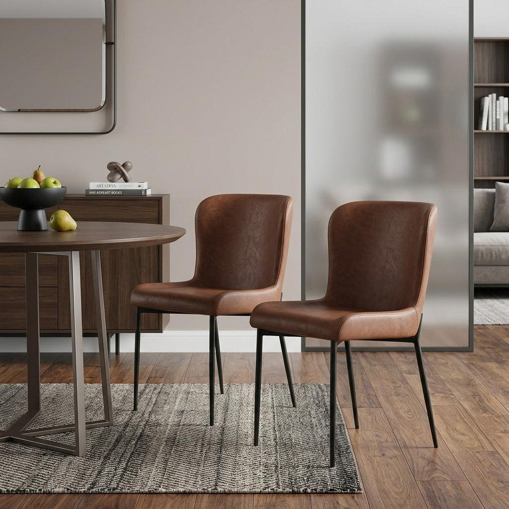 Set of Two Brown Slipcovered Faux Leather Dining Side Chairs