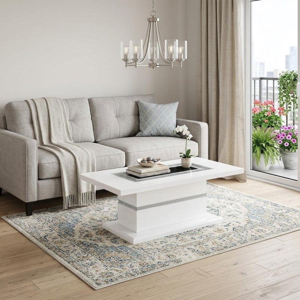 52" White Wood And Faux Crystal Pedestal Coffee Table