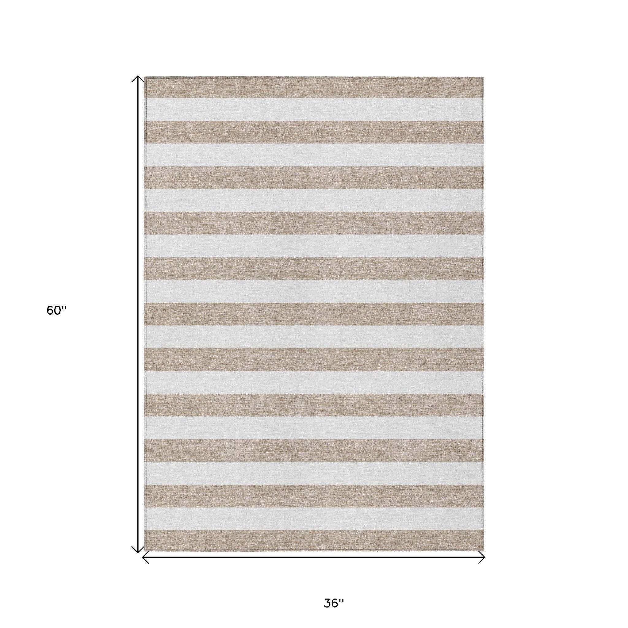3' X 5' Taupe and White Striped Washable Indoor Outdoor Area Rug