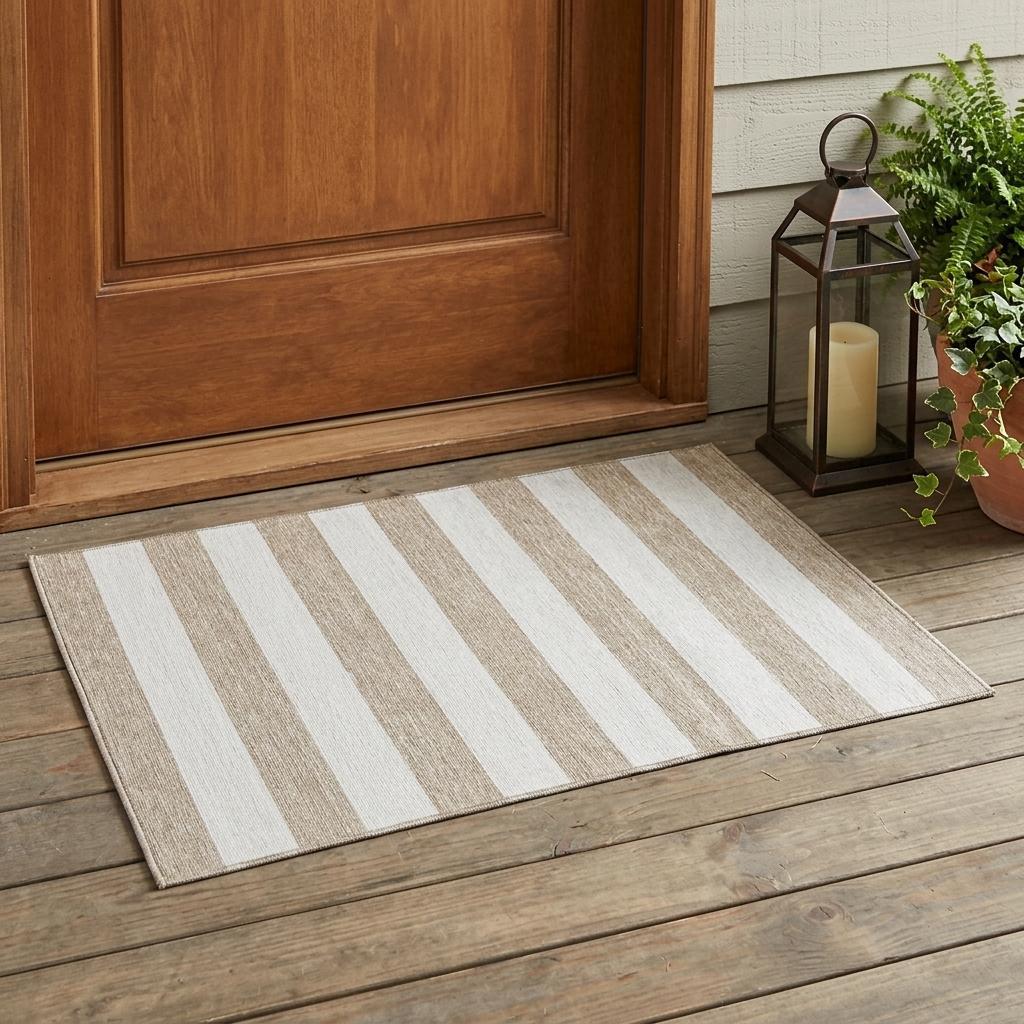 3' X 5' Taupe and White Striped Washable Indoor Outdoor Area Rug