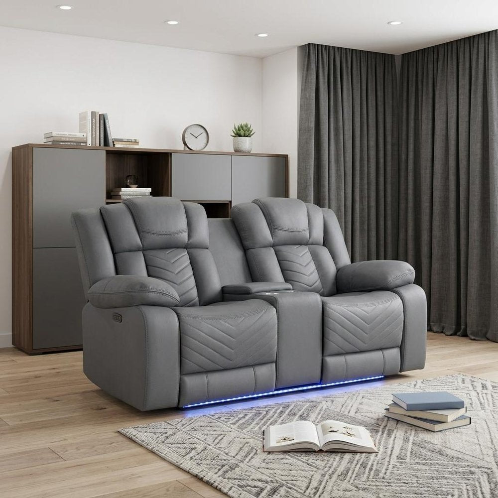 75" Light Gray Faux Leather Power Reclining Loveseat With Storage