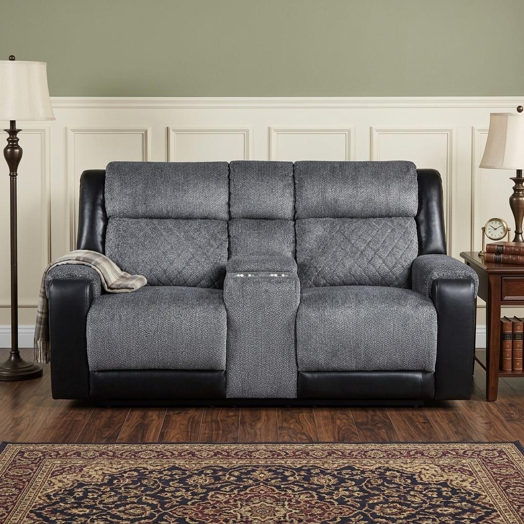76" Gray and Black Faux Leather and Microfiber Manual Reclining Loveseat With Storage