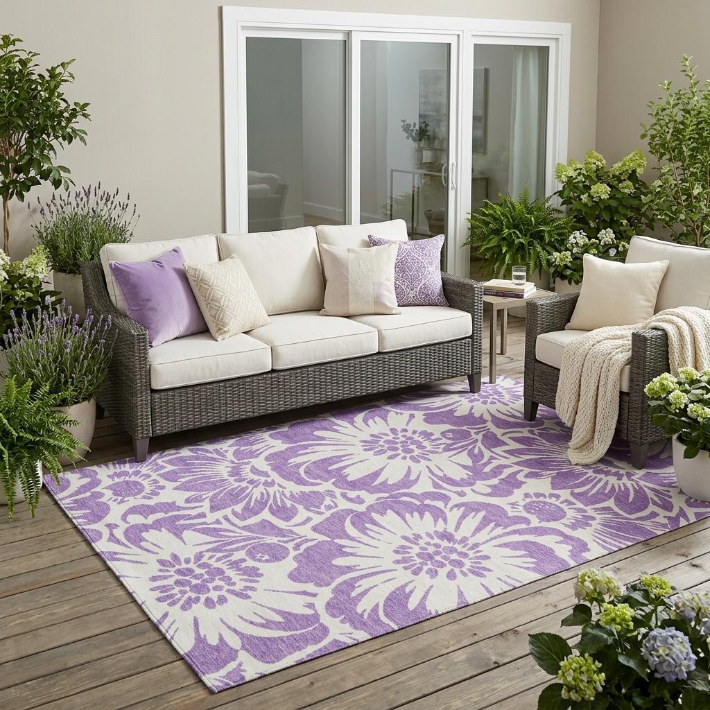 5' X 8' Purple and Ivory Floral Washable Non Skid Indoor Outdoor Area Rug