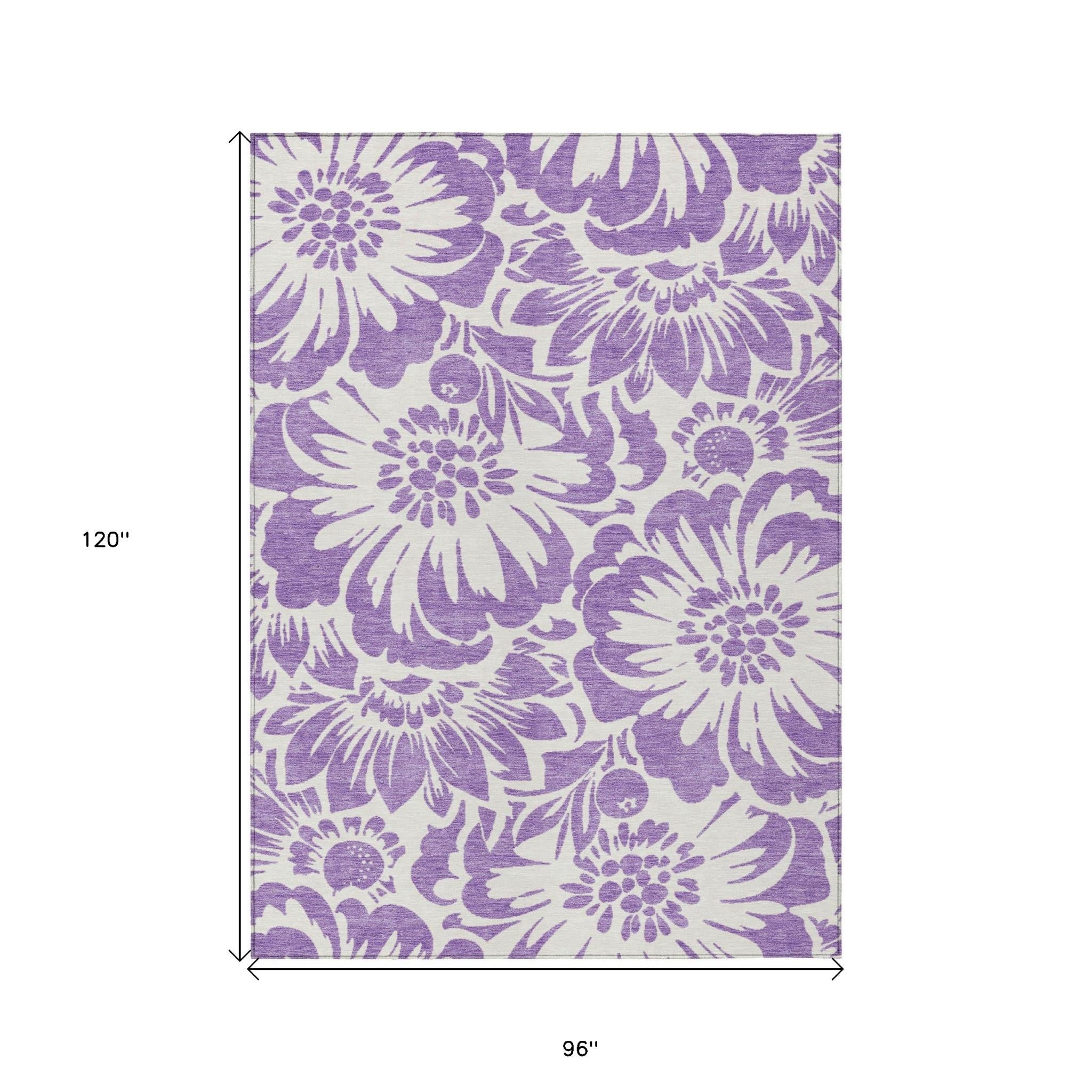 8' X 10' Purple and Ivory Floral Washable Non Skid Indoor Outdoor Area Rug