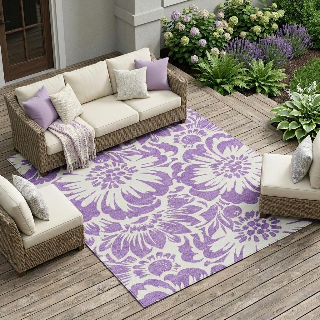 10' X 14' Purple and Ivory Floral Washable Non Skid Indoor Outdoor Area Rug