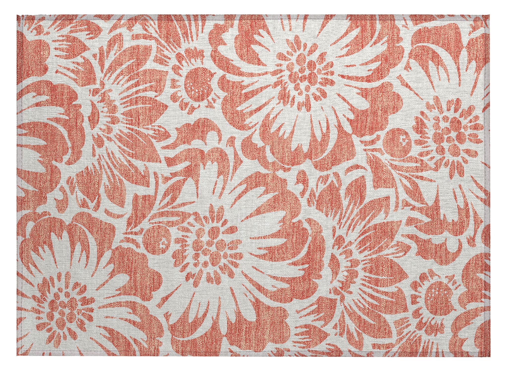 2' X 3' Salmon and Ivory Floral Washable Non Skid Indoor Outdoor Area Rug