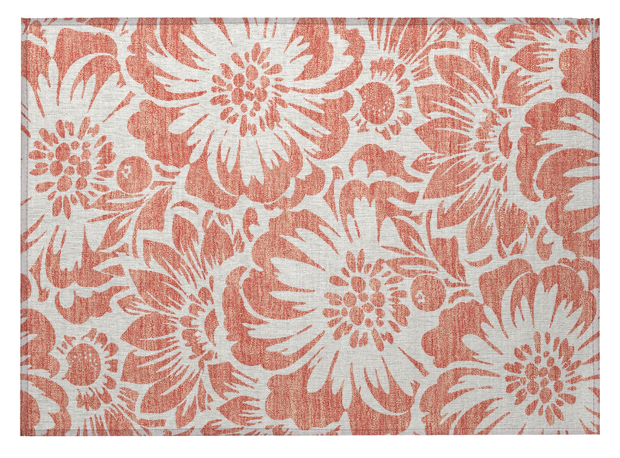 2' X 3' Salmon and Ivory Floral Washable Non Skid Indoor Outdoor Area Rug