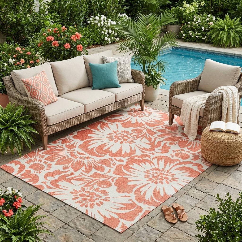 5' X 8' Salmon and Ivory Floral Washable Non Skid Indoor Outdoor Area Rug