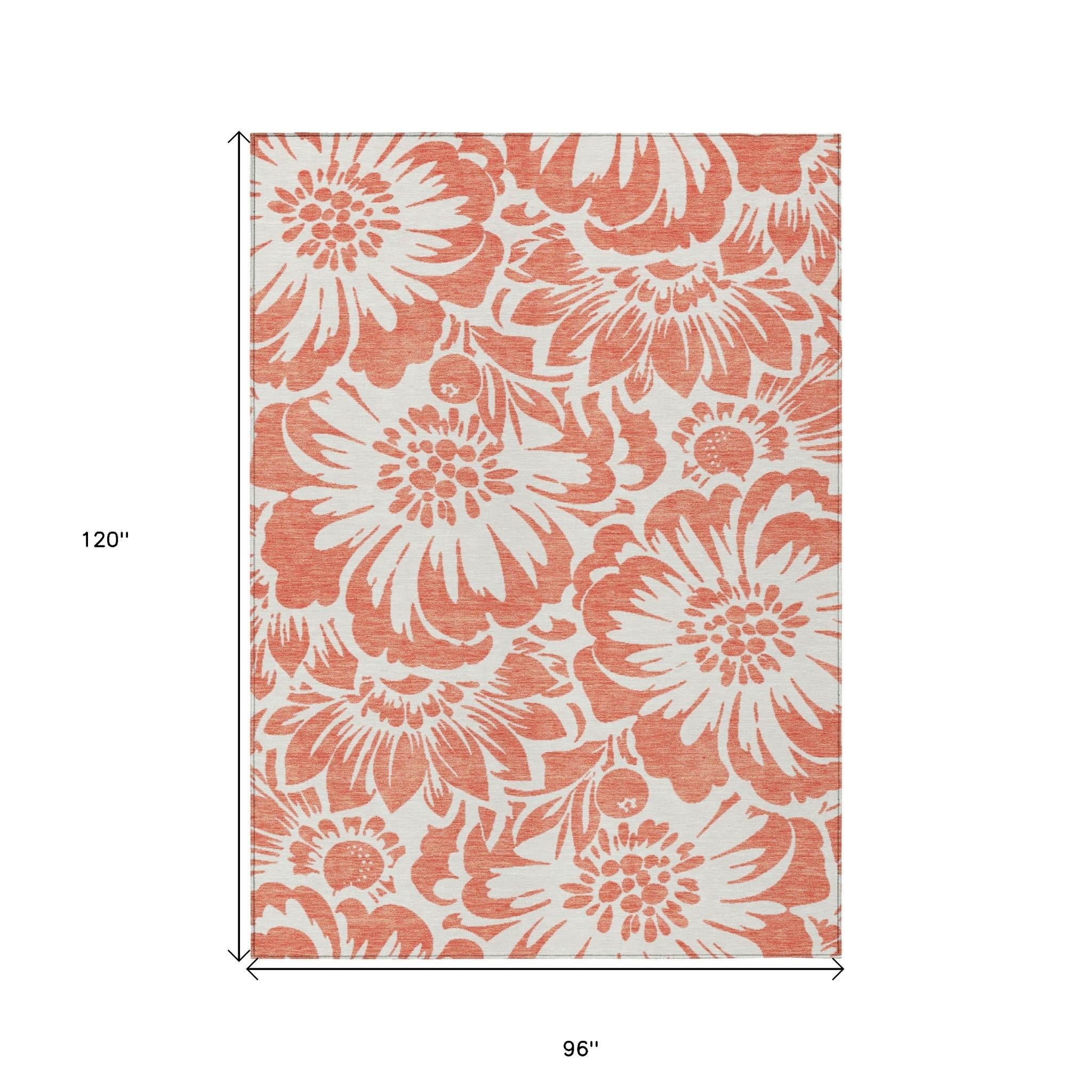 8' X 10' Salmon and Ivory Floral Washable Non Skid Indoor Outdoor Area Rug