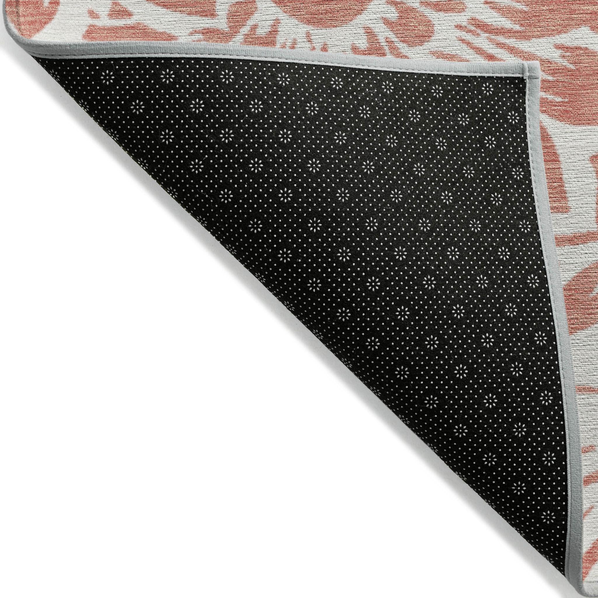 9' X 12' Salmon and Ivory Floral Washable Non Skid Indoor Outdoor Area Rug