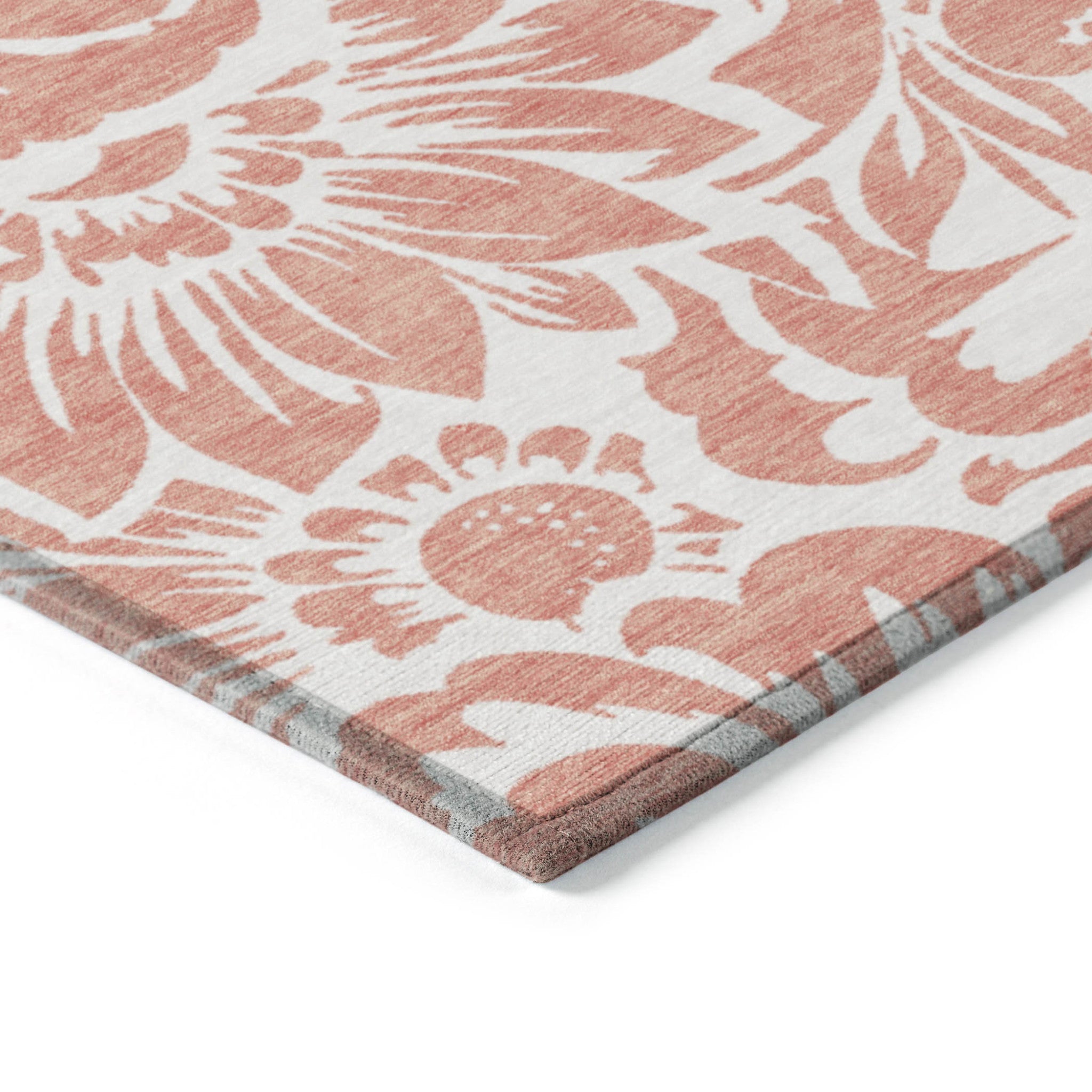 9' X 12' Salmon and Ivory Floral Washable Non Skid Indoor Outdoor Area Rug