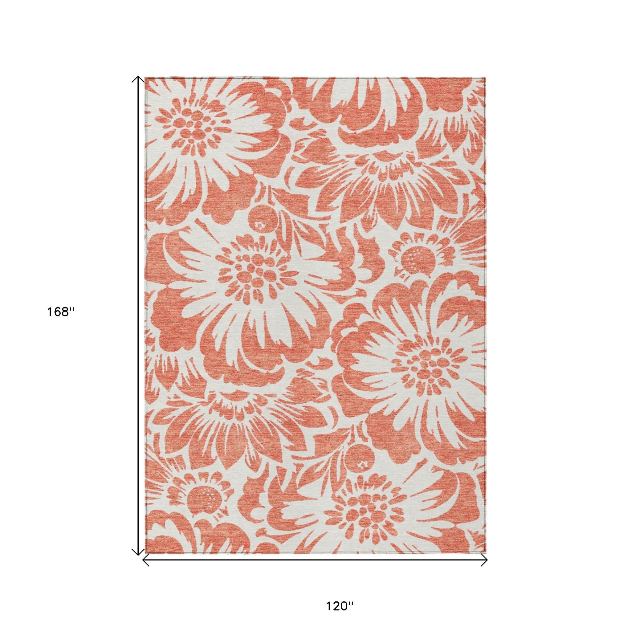 10' X 14' Salmon and Ivory Floral Washable Non Skid Indoor Outdoor Area Rug