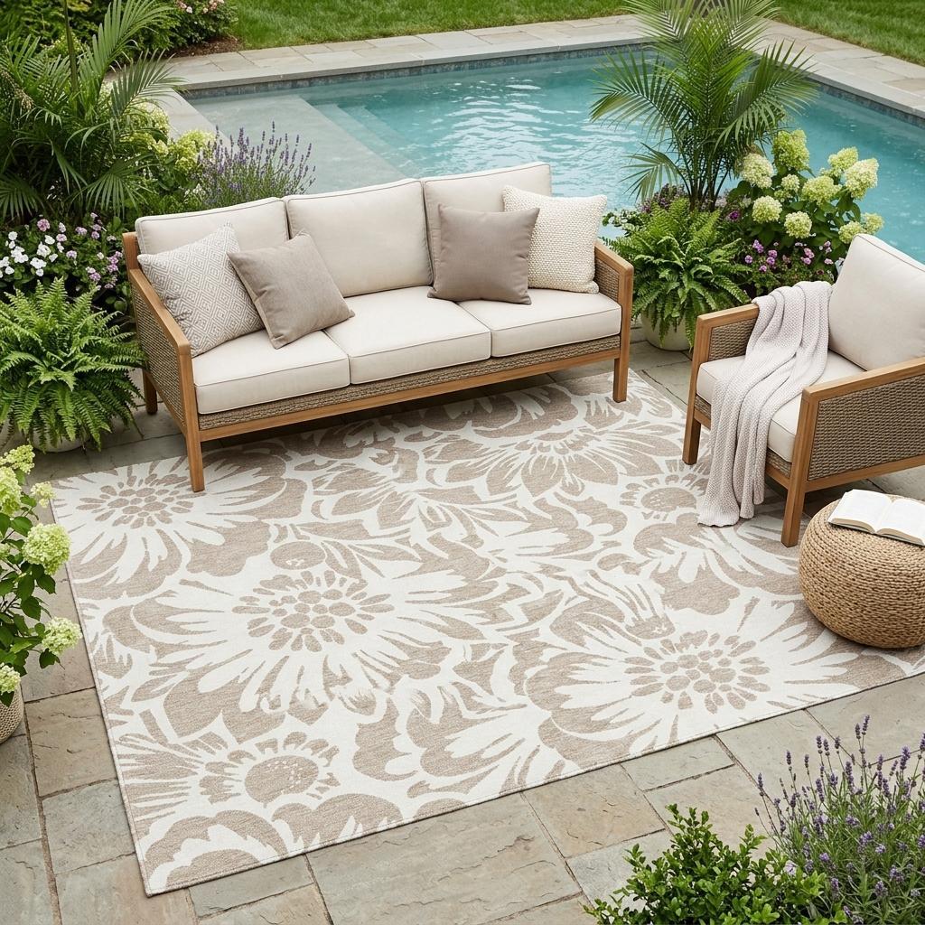 5' X 8' Taupe and Ivory Floral Washable Non Skid Indoor Outdoor Area Rug