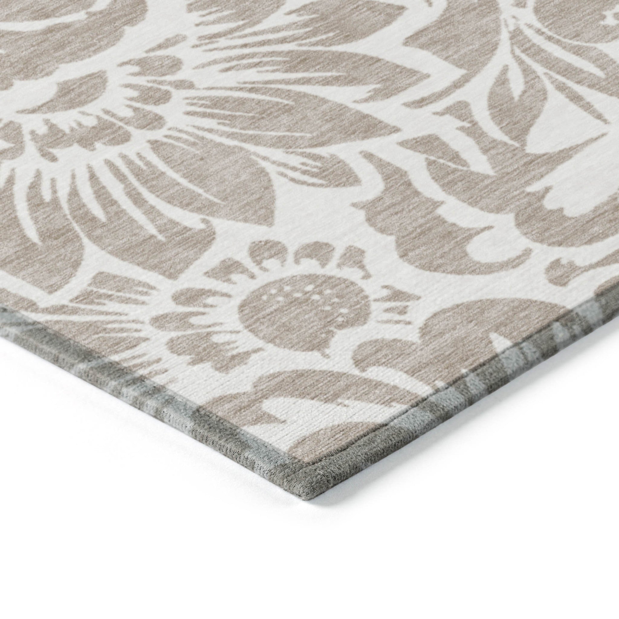 9' X 12' Taupe and Ivory Floral Washable Non Skid Indoor Outdoor Area Rug