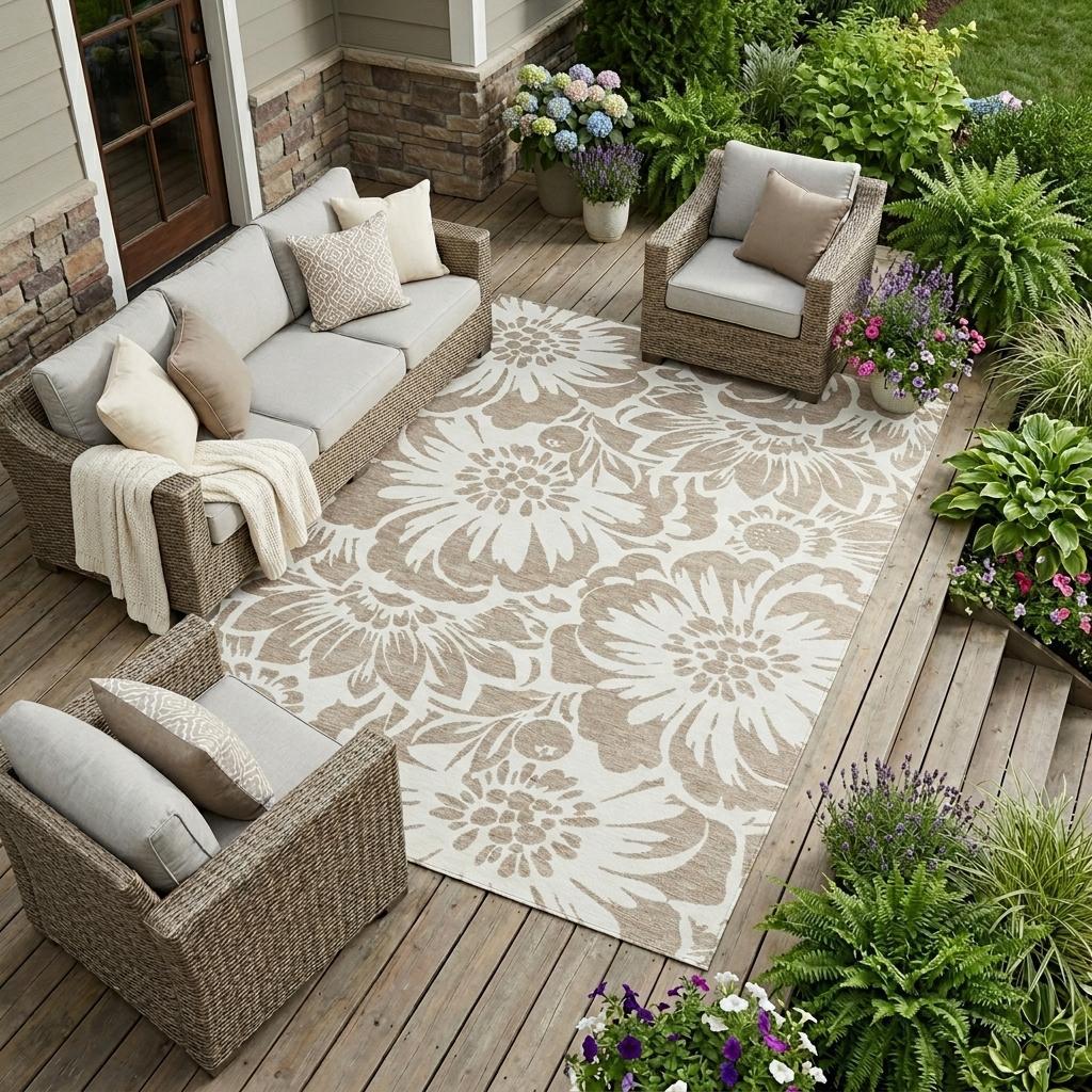 9' X 12' Taupe and Ivory Floral Washable Non Skid Indoor Outdoor Area Rug
