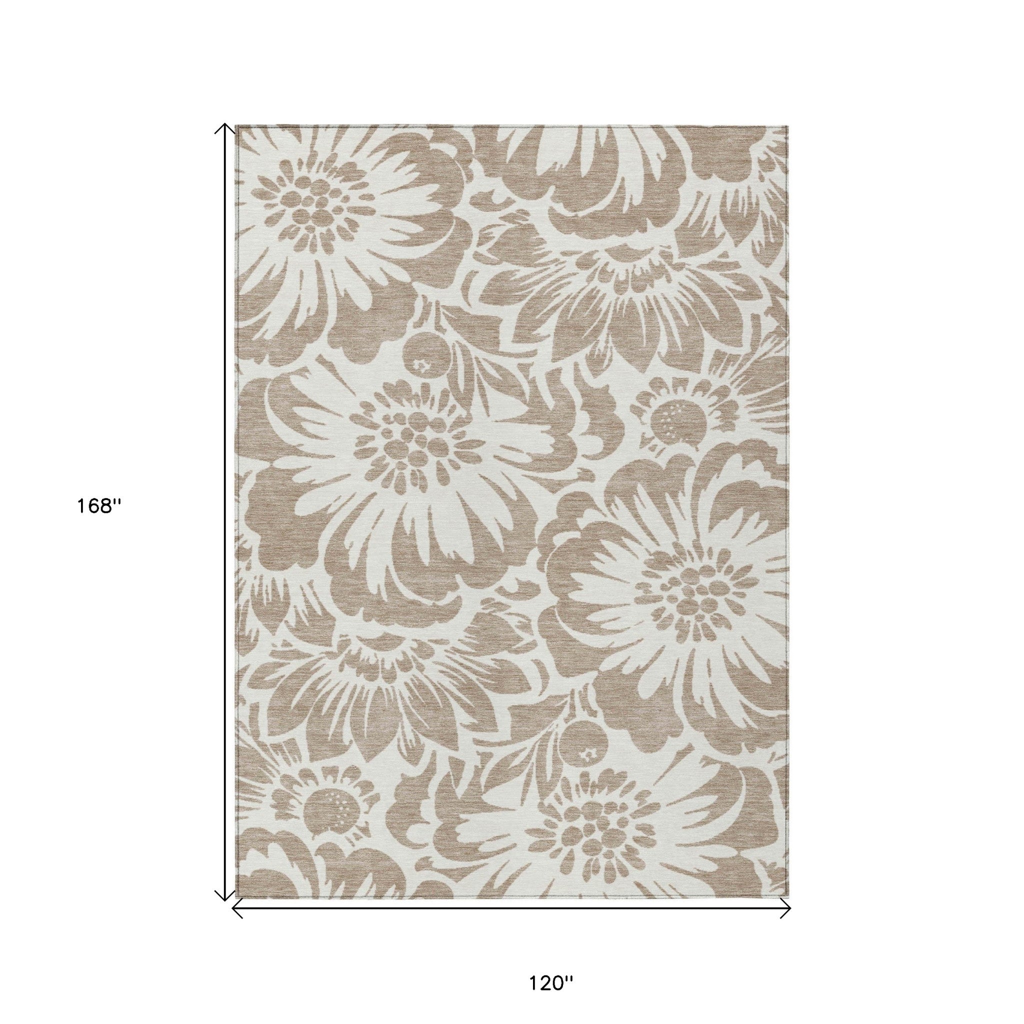 10' X 14' Taupe and Ivory Floral Washable Non Skid Indoor Outdoor Area Rug