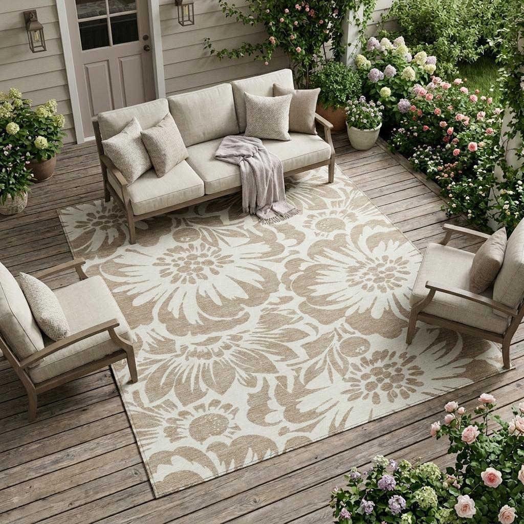 10' X 14' Taupe and Ivory Floral Washable Non Skid Indoor Outdoor Area Rug