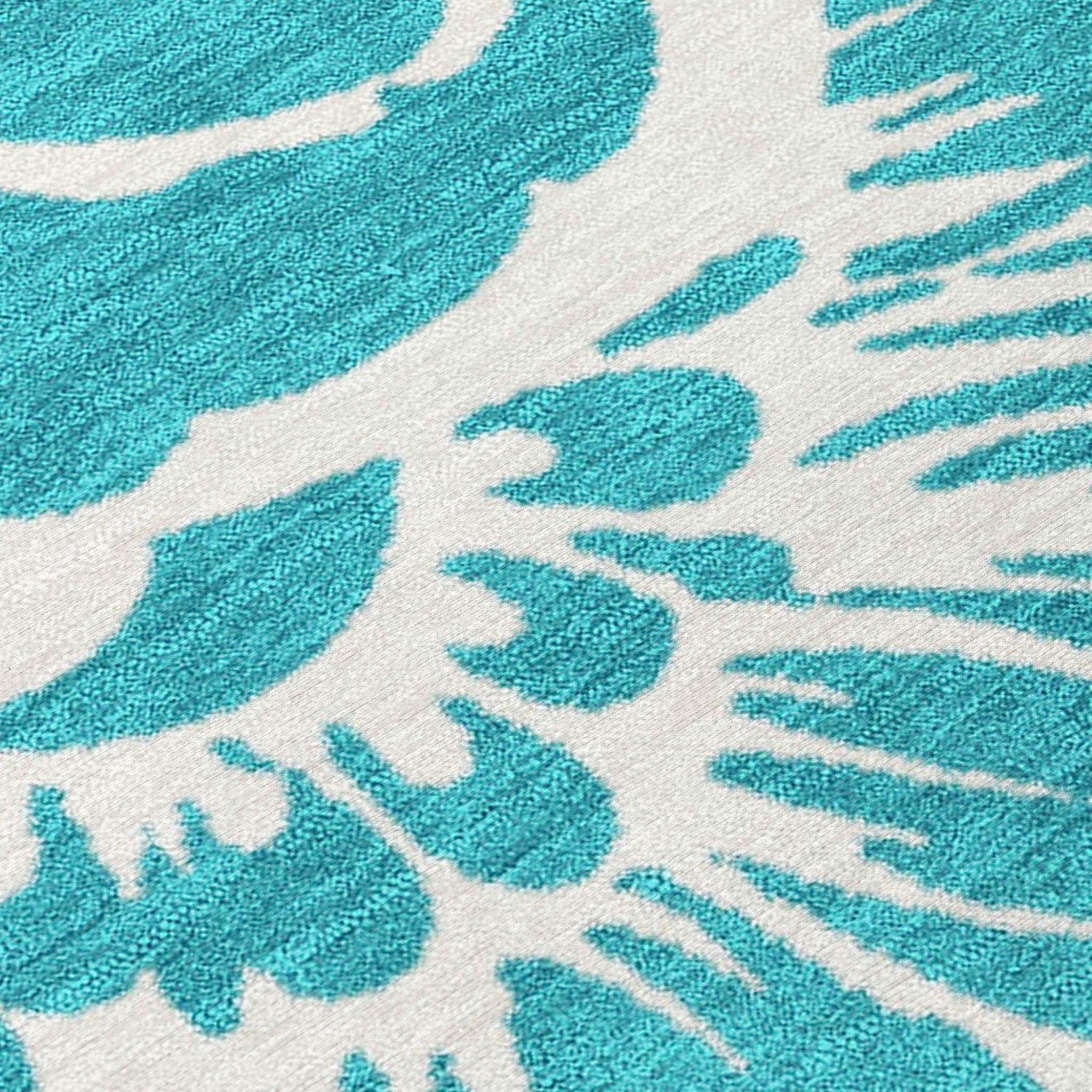 3' X 5' Teal and Ivory Floral Washable Non Skid Indoor Outdoor Area Rug