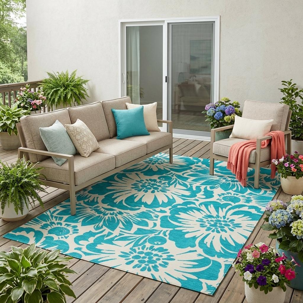 5' X 8' Teal and Ivory Floral Washable Non Skid Indoor Outdoor Area Rug