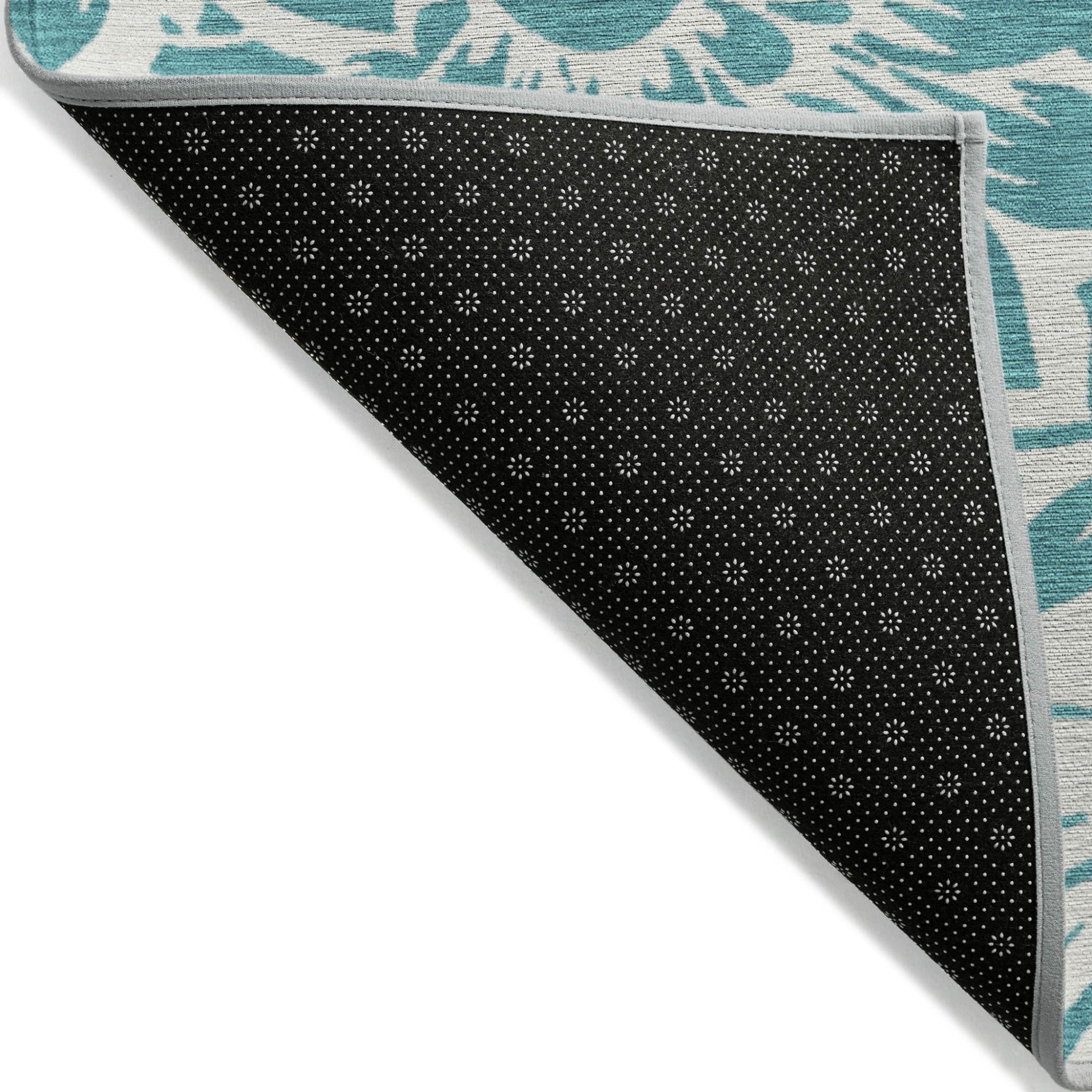 9' X 12' Teal and Ivory Floral Washable Non Skid Indoor Outdoor Area Rug