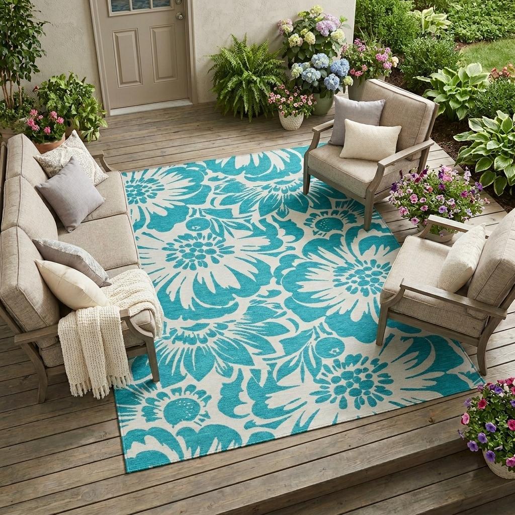 10' X 14' Teal and Ivory Floral Washable Non Skid Indoor Outdoor Area Rug
