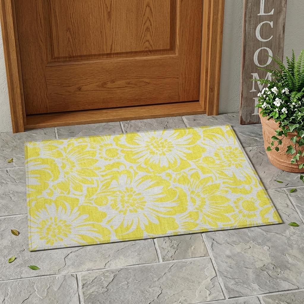 2' X 3' Yellow and Ivory Floral Washable Non Skid Indoor Outdoor Area Rug