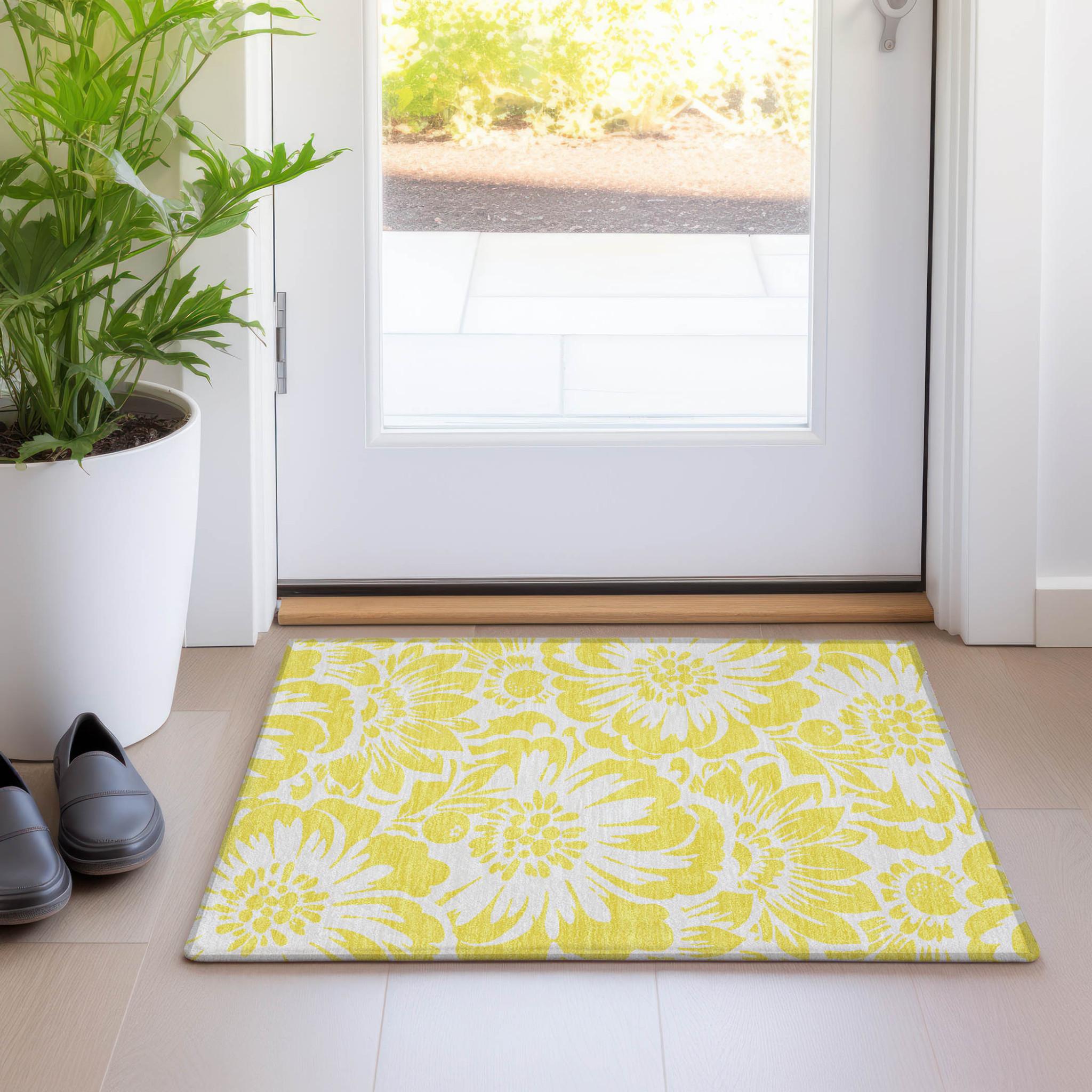 2' X 3' Yellow and Ivory Floral Washable Non Skid Indoor Outdoor Area Rug