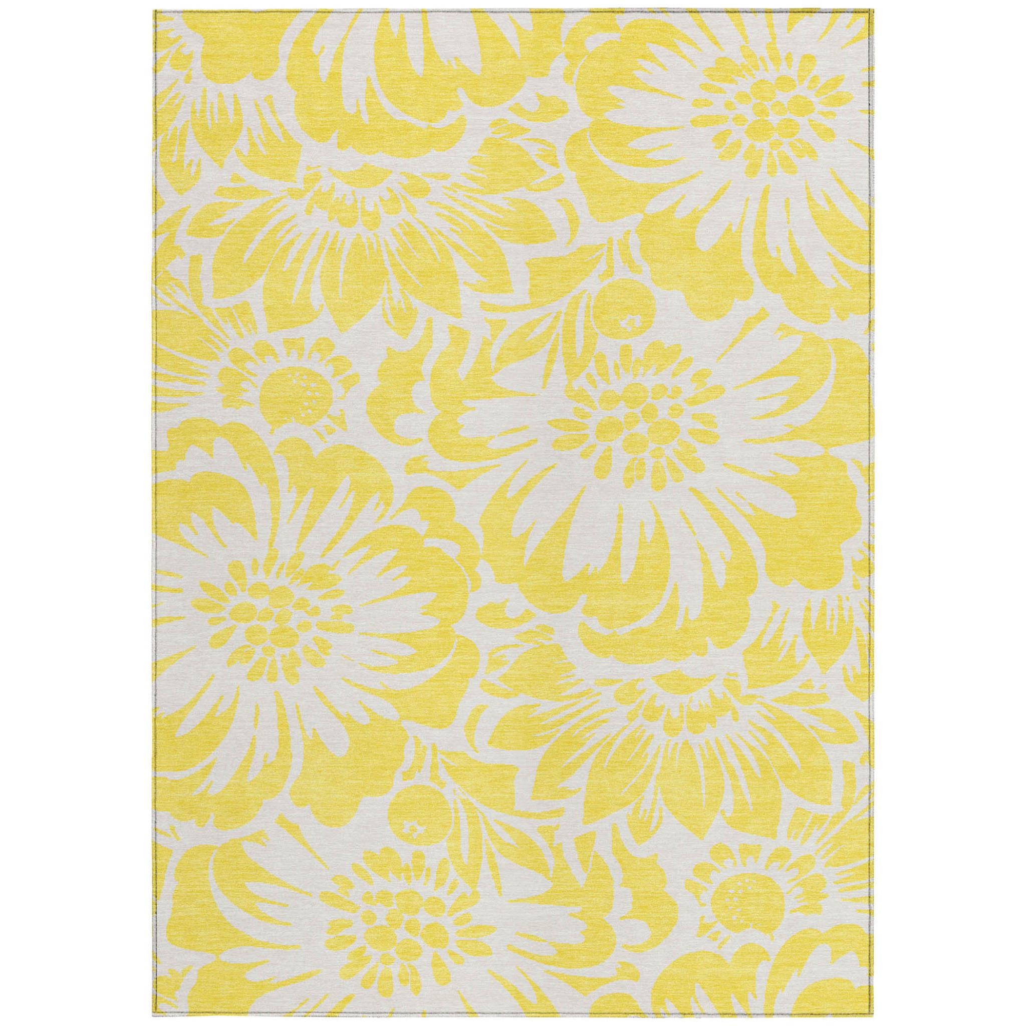 3' X 5' Yellow and Ivory Floral Washable Non Skid Indoor Outdoor Area Rug