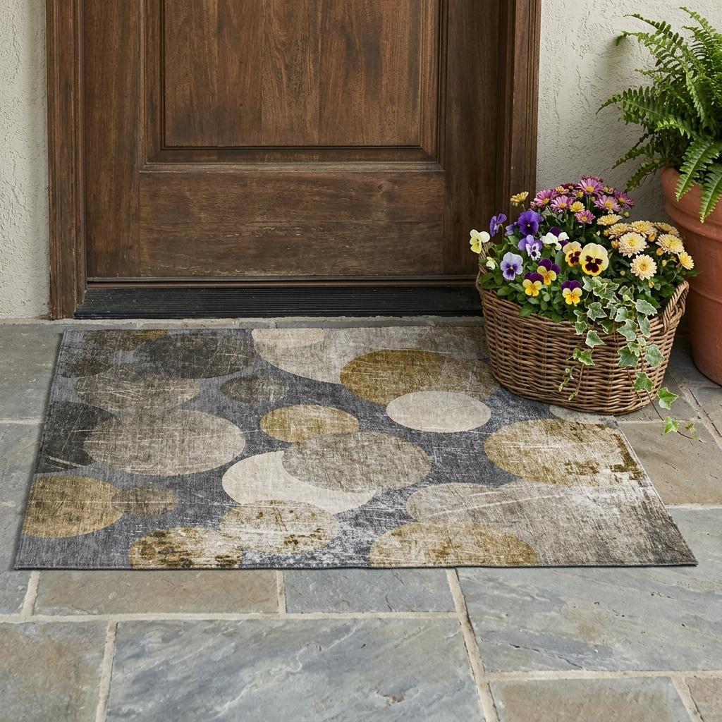 3' X 5' Brown Beige and Ivory Abstract Washable Non Skid Indoor Outdoor Area Rug