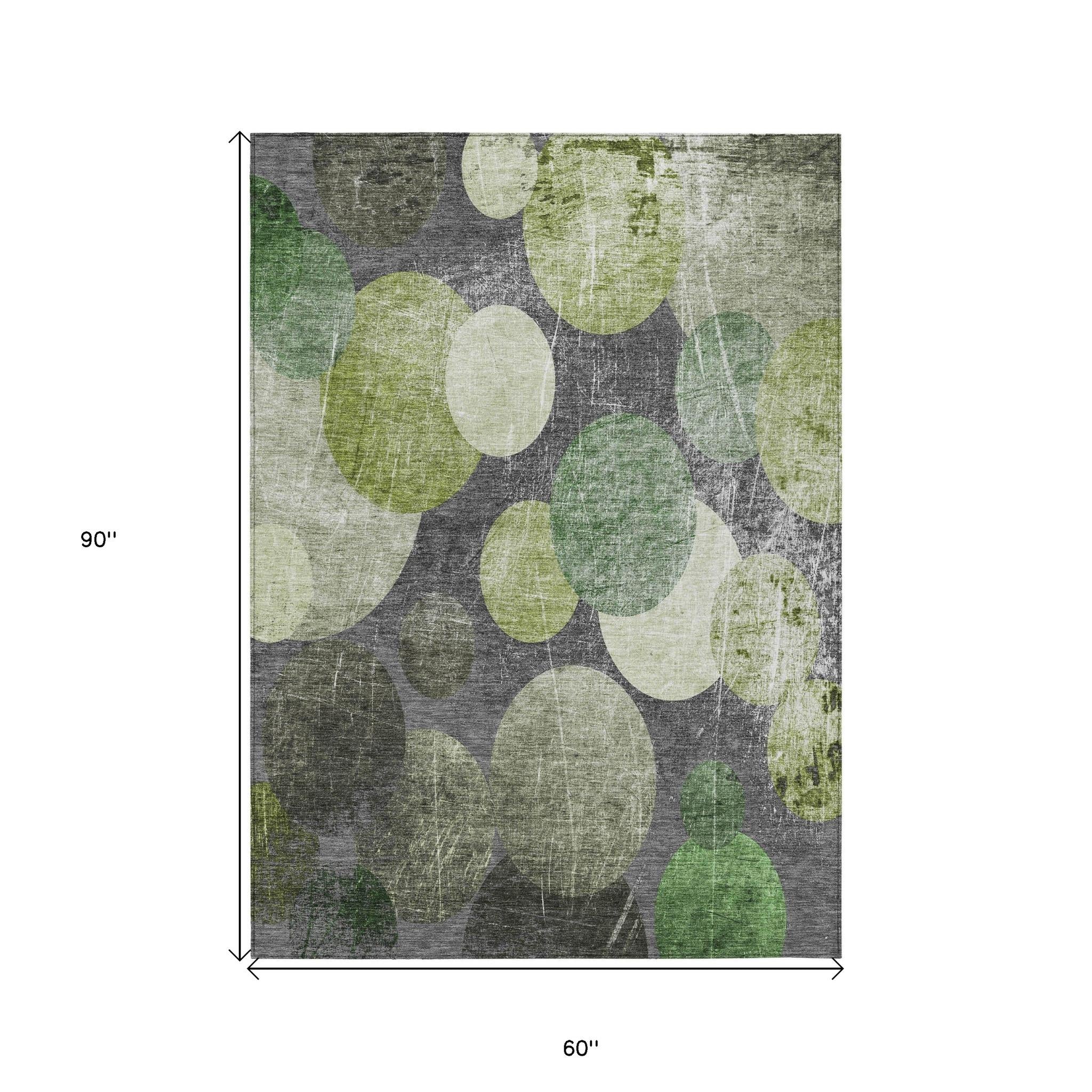 5' X 8' Green and Gray Abstract Washable Non Skid Indoor Outdoor Area Rug