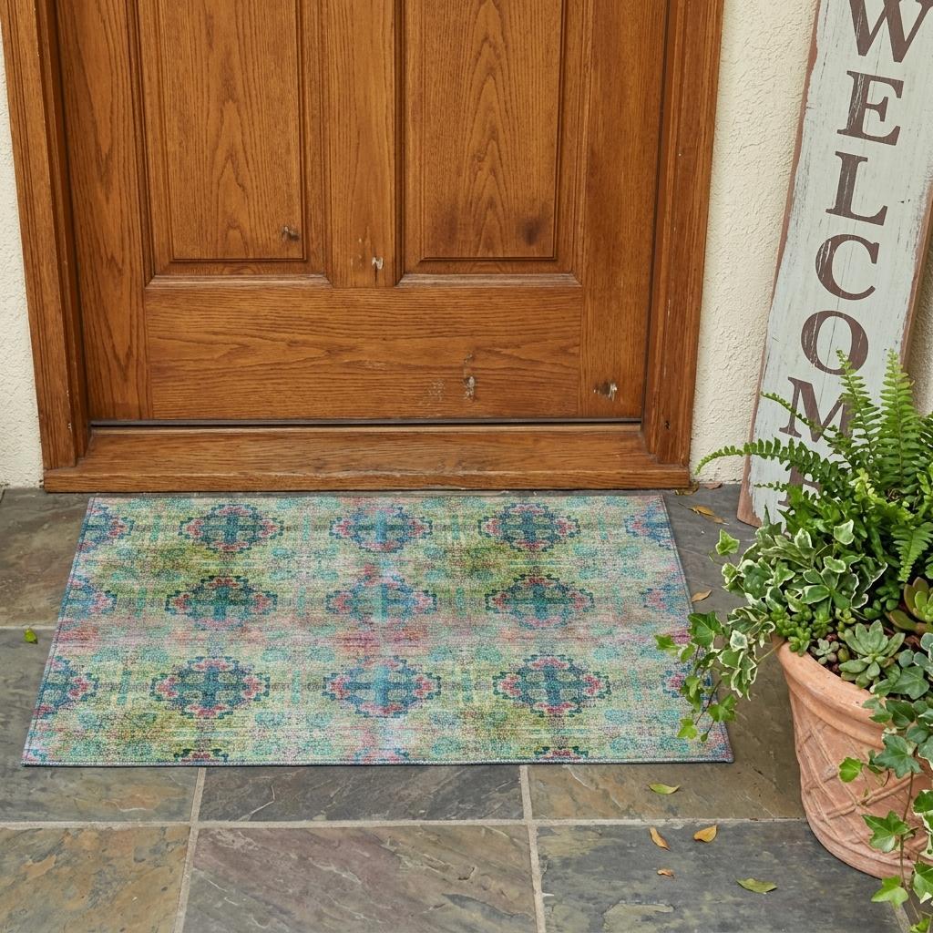 3' X 5' Blue and Green Floral Medallion Washable Non Skid Indoor Outdoor Area Rug