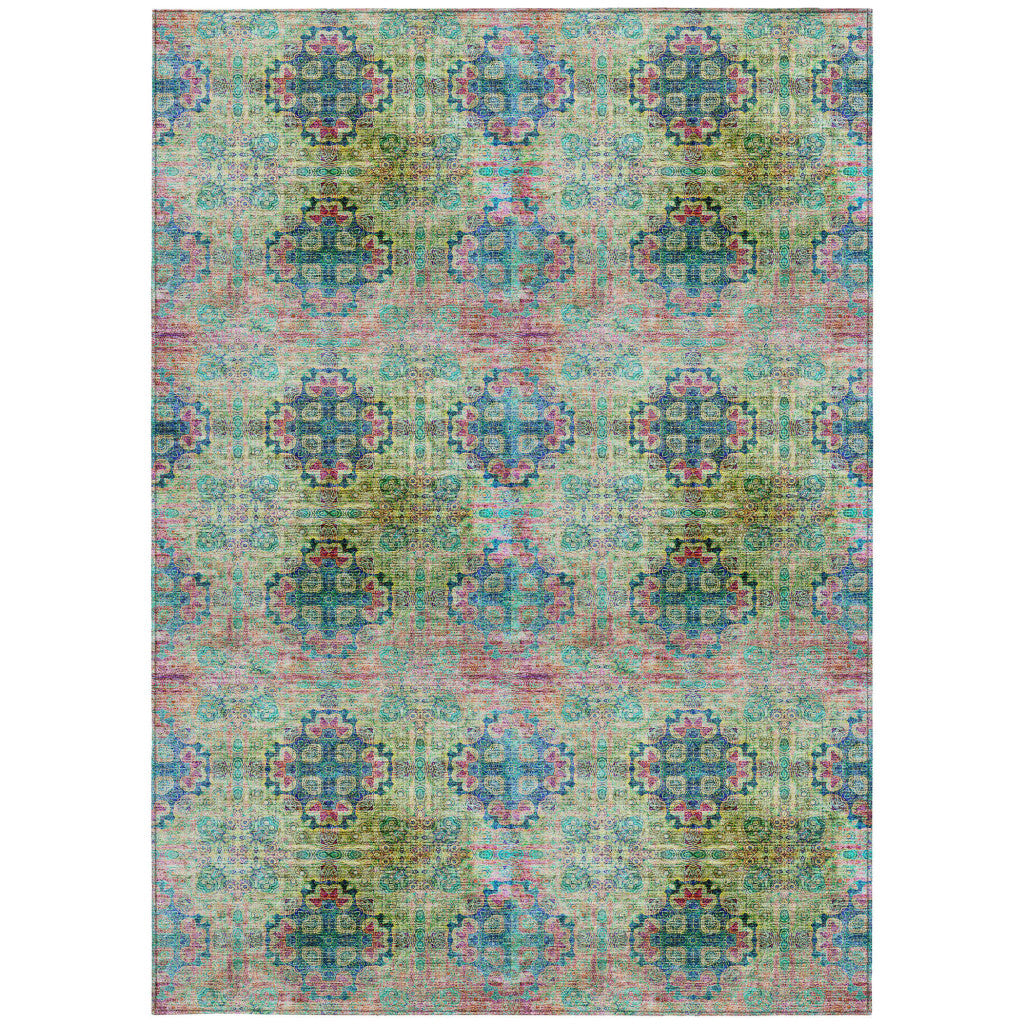 3' X 5' Blue and Green Floral Medallion Washable Non Skid Indoor Outdoor Area Rug